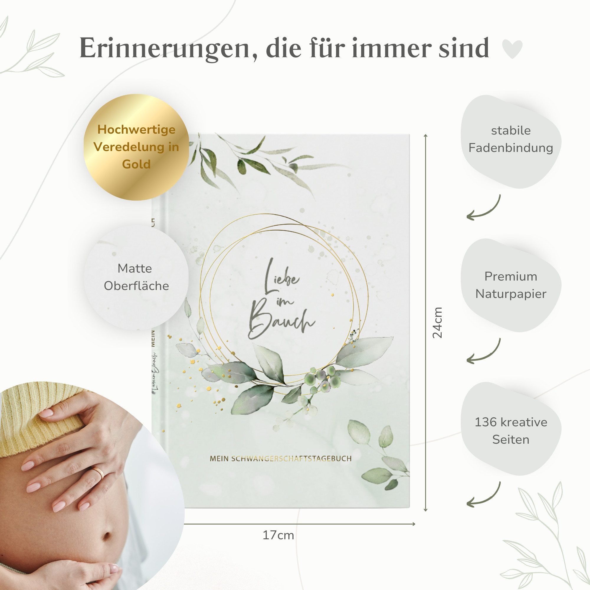 MeinBaby123® Tagebuch Schwangerschaft, Geschenke für Schwangere, Schwangerschafts Journal, Schwangerschaftsbuch "Liebe im Bauch" vergoldet