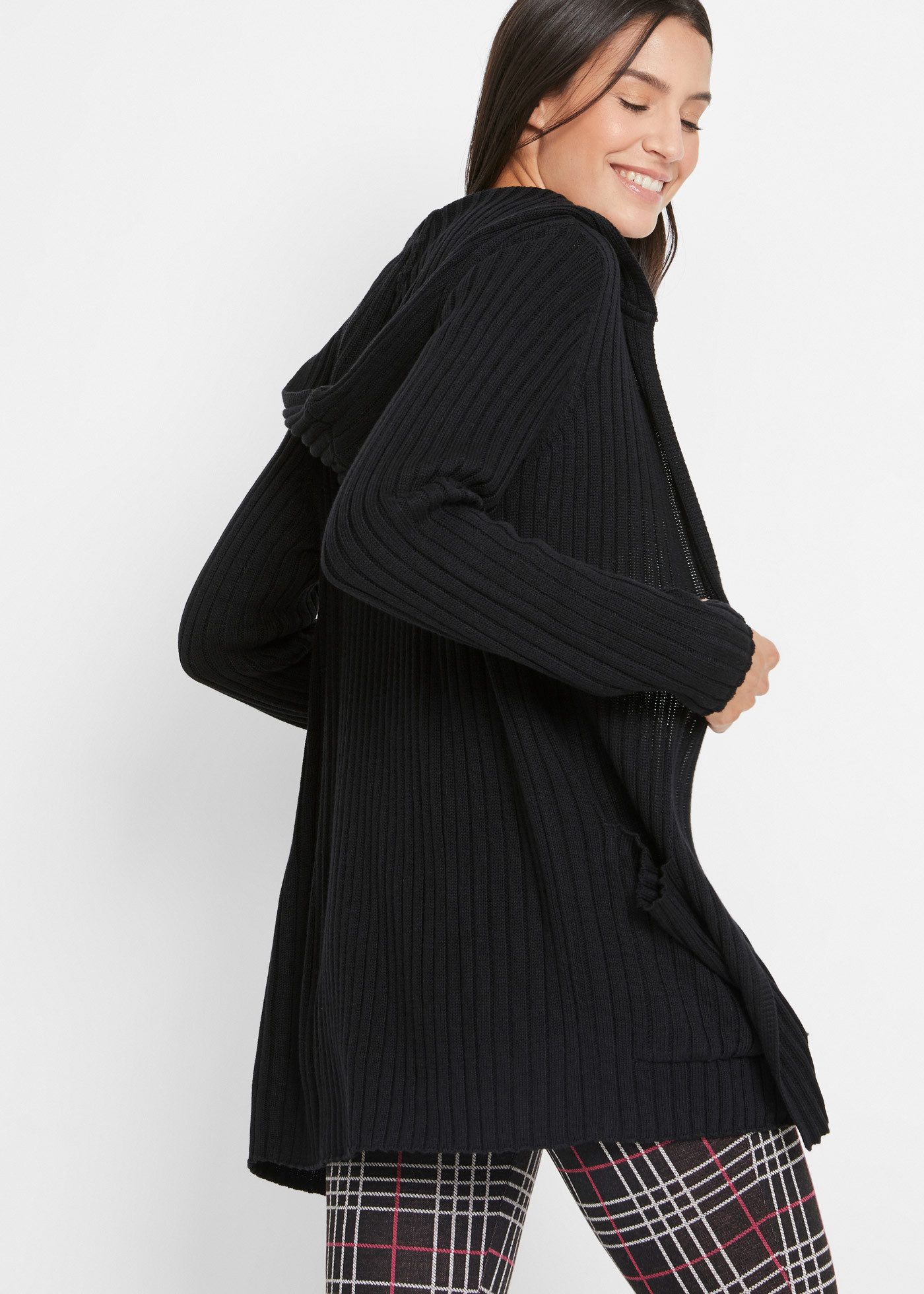 bonprix Strickjacke mit Kapuze, offene Form, Rippstrick günstig online kaufen