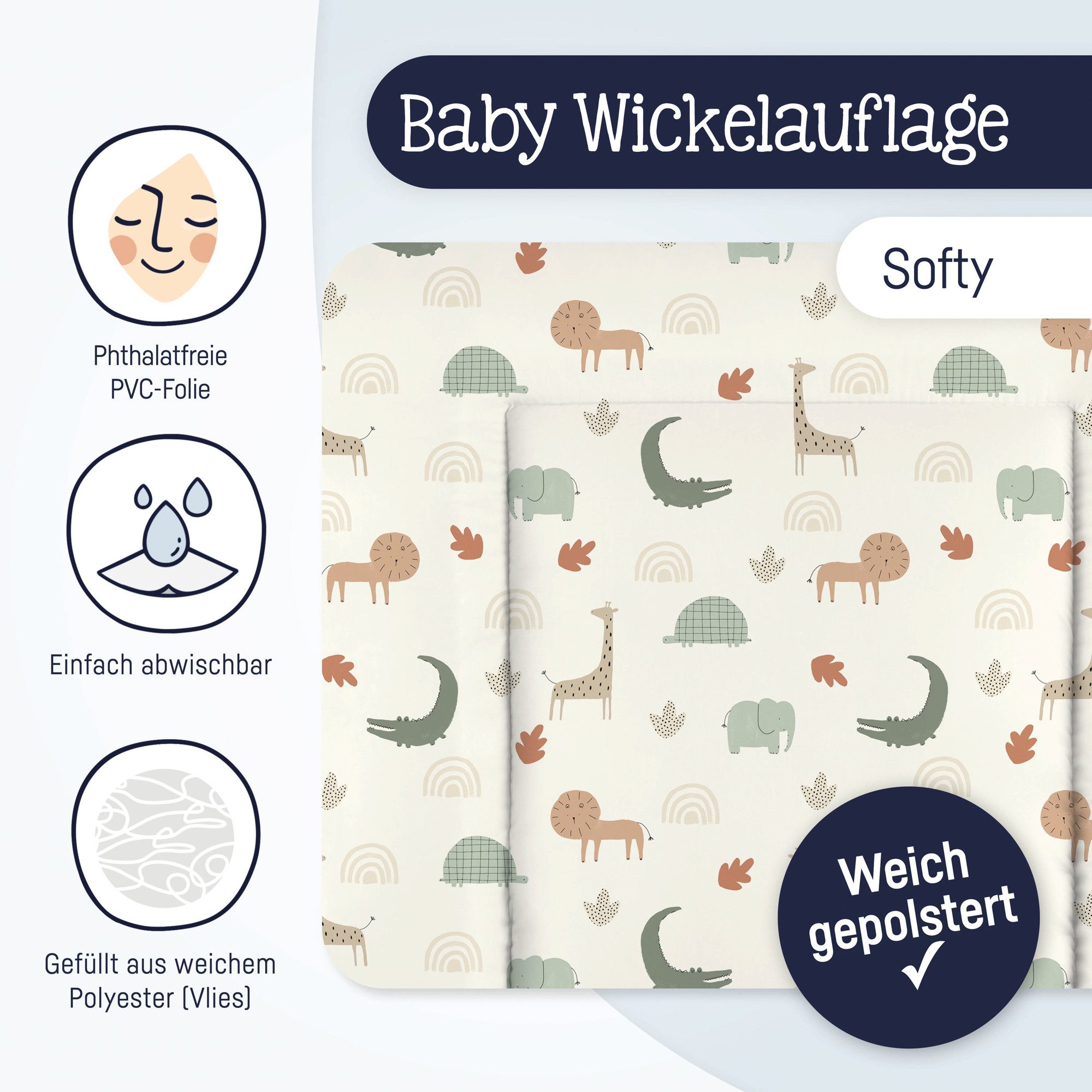 Julius Zöllner Wickelauflage Folie Wild Friends Allover Softy 75x75 (1-tlg), Auflage Unterlage Baby Wickelauflage