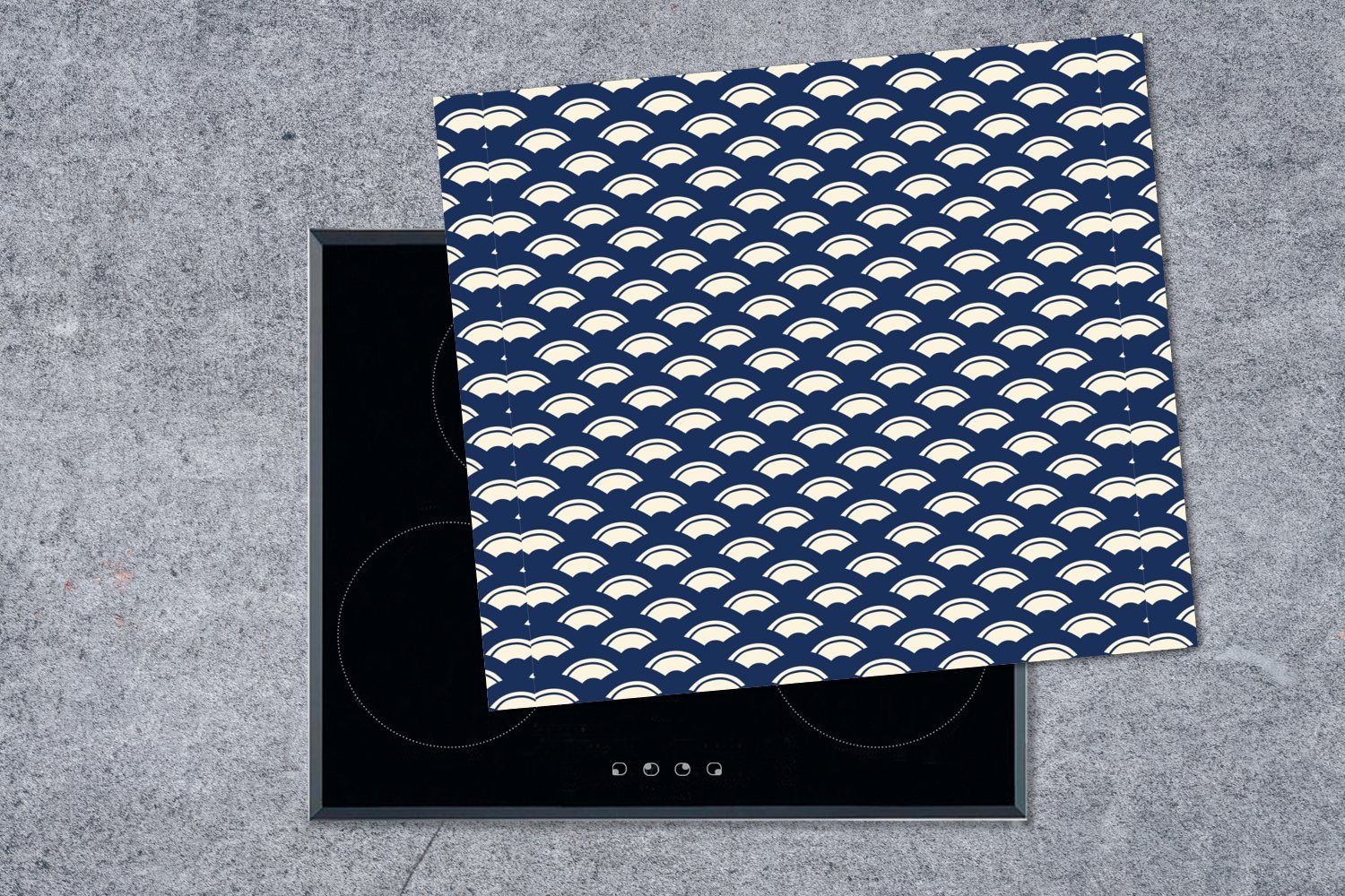 MuchoWow - tlg), 60x52 Herdblende-/Abdeckplatte Weiß Vinyl, Blau nutzbar, - Muster, Arbeitsfläche cm, (1 Japanisch Ceranfeldabdeckung Mobile -