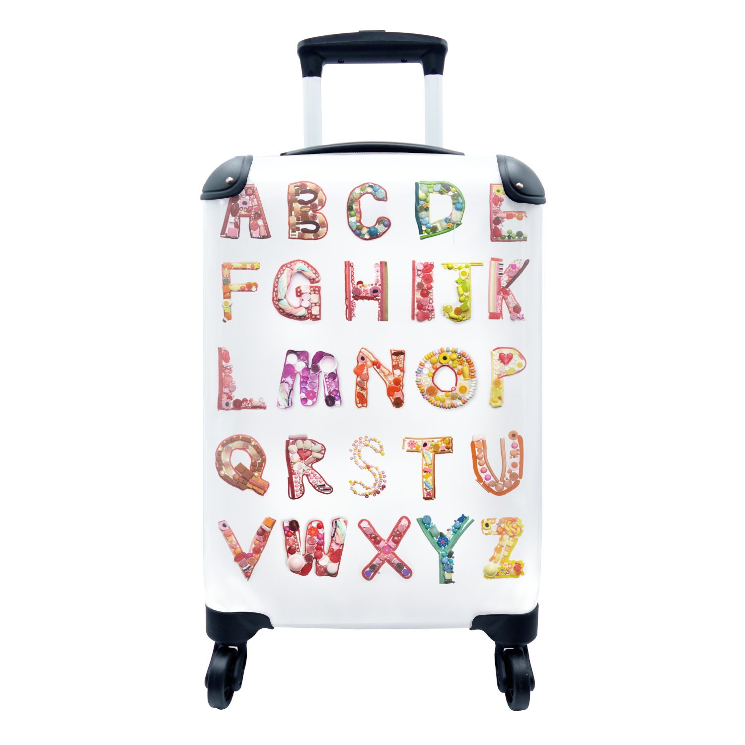 einem Bunte auf Süßigkeiten Handgepäck Trolley, 4 Buchstaben Ferien, Rollen, Reisetasche weißen Reisekoffer MuchoWow mit Hintergrund, für Handgepäckkoffer rollen,