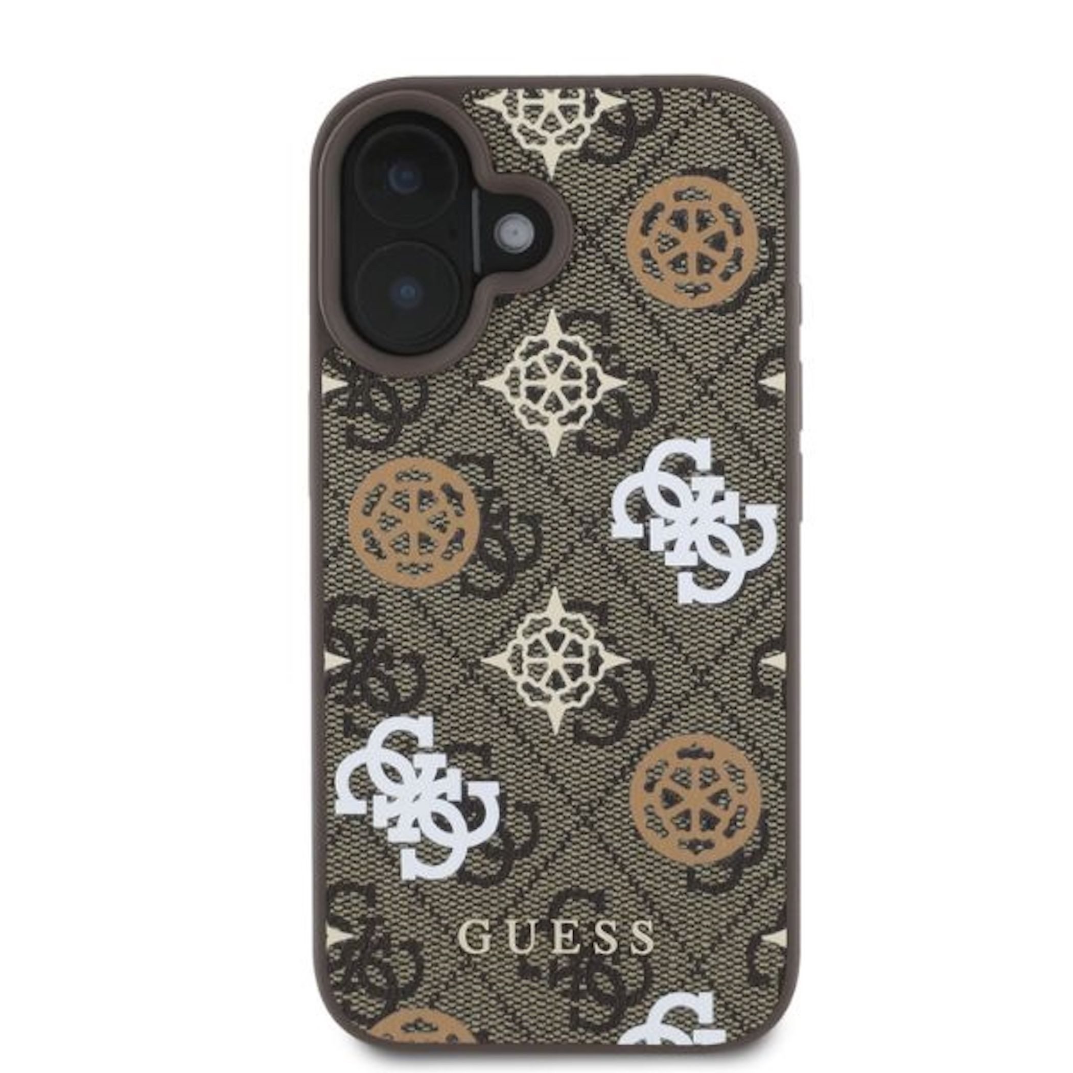 Guess Smartphone-Hülle GUESS Apple iPhone 16 Hardcase Peony Script 4G Design MagSafe Braun
