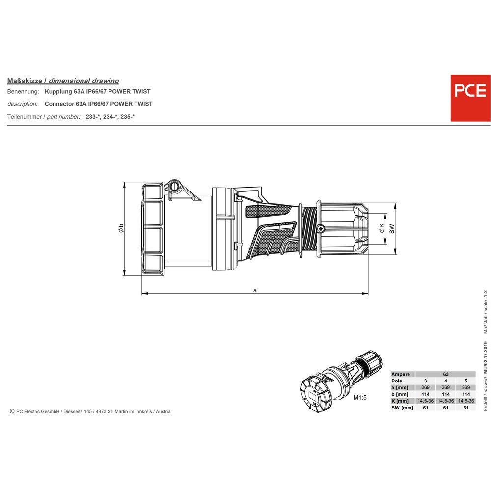 5polig venttechnik A CEE Kupplung PCE 235-6xs 63 Steckdose St. 400 PCE V 1