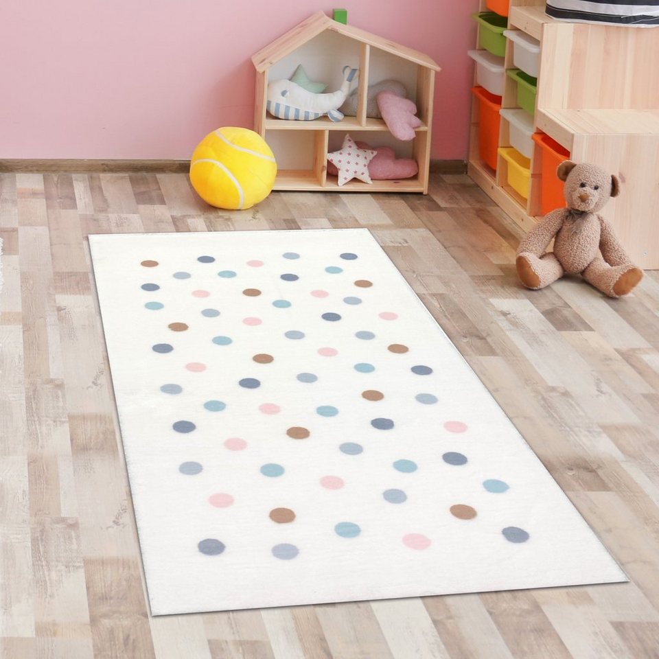 Kinderteppich Teppich weich bunten Punkte für das Kinderzimmer in creme,  Carpetia, rechteckig, Höhe: 18 mm