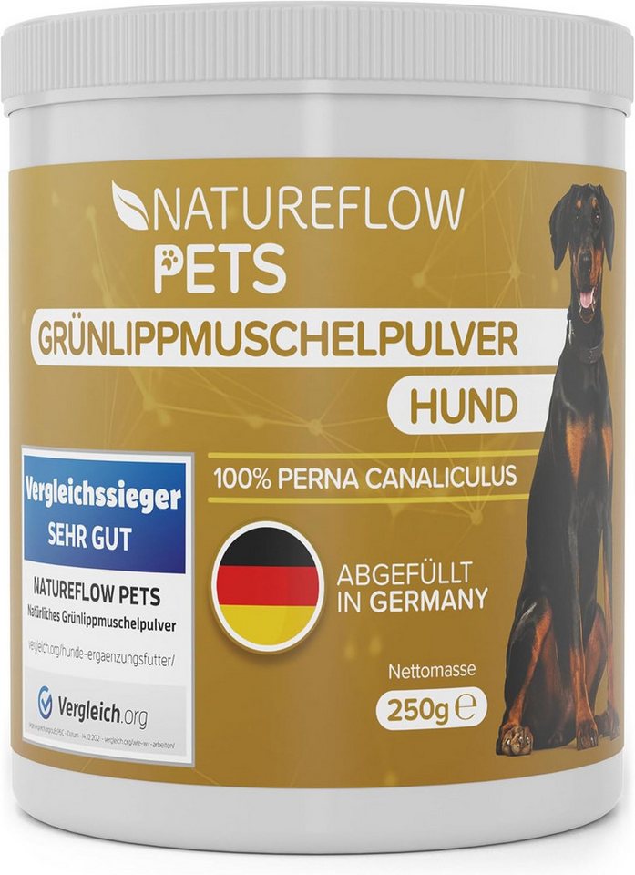 Natureflow Grünlippmuschelpulver Hunde, 250g, Omega-3 Fettsäuren & Mineralstoffe Grünlippmuschel, Ergänzungsfutter für: Hund