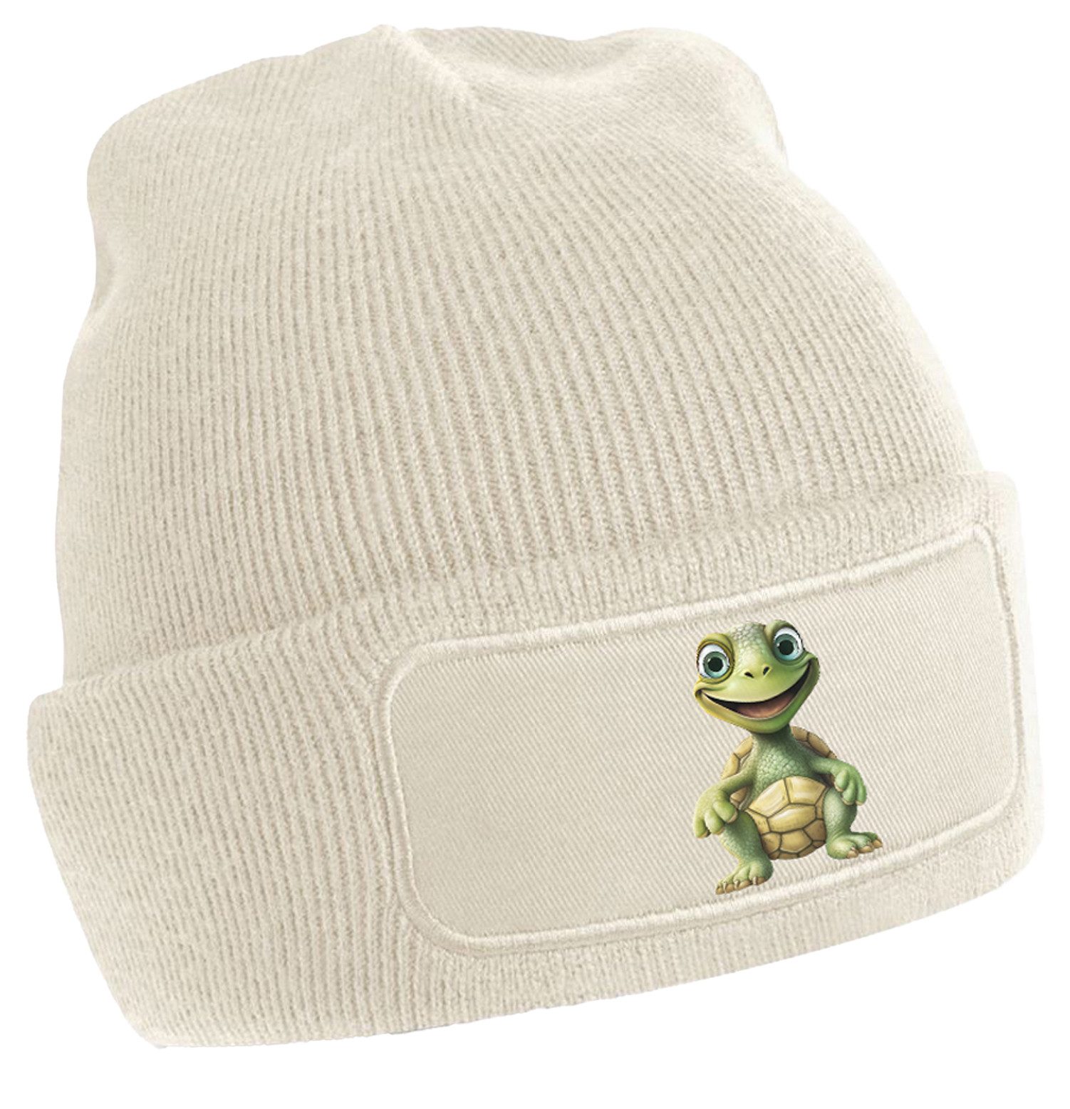 Strickmütze für kalte Tage - Beanie mit Umschlag und Schildkröte Print