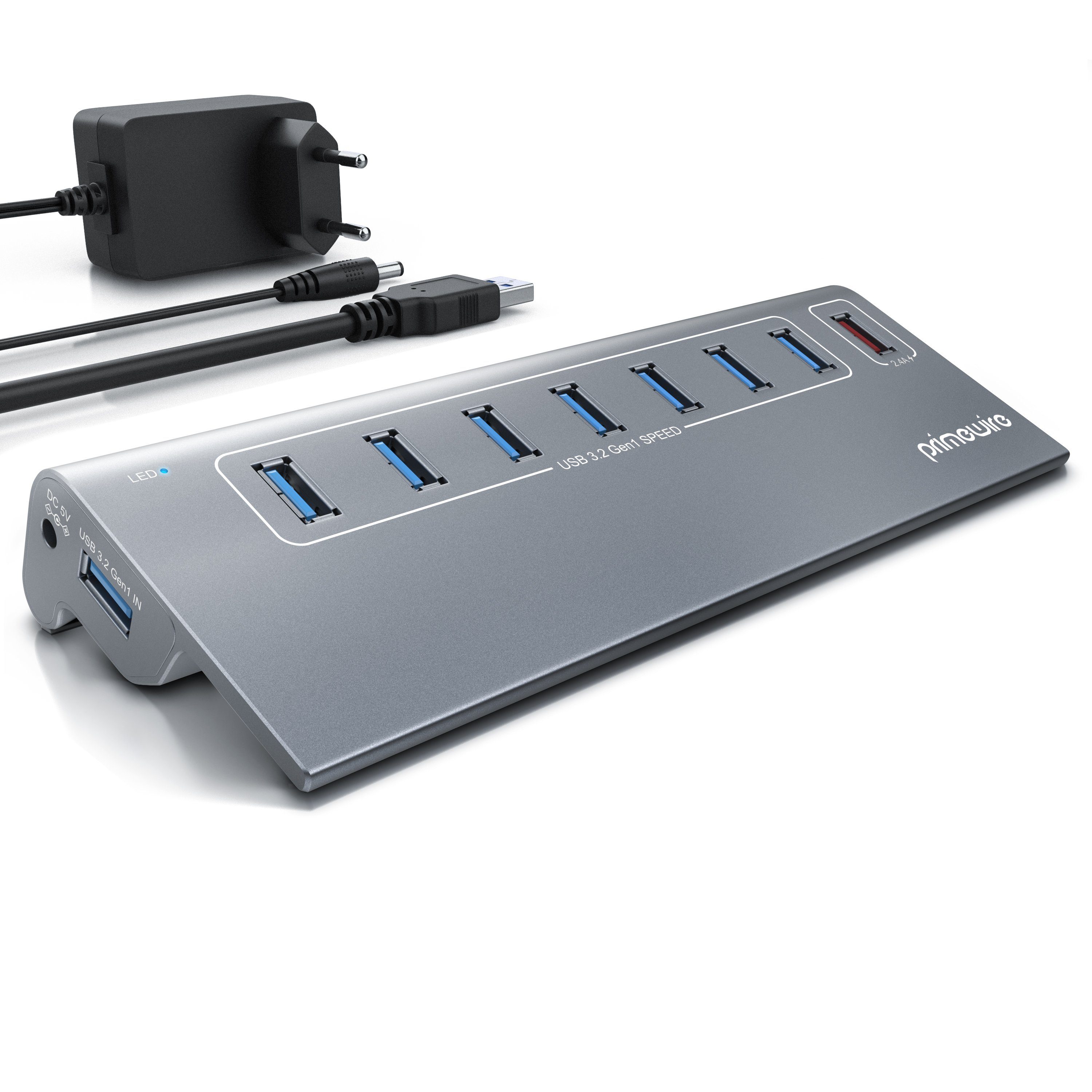 Primewire 8 Port USB Port Hub, 5 Gbit/s Aktiv Verteiler mit Netzteil, Alugehäuse USB-Adapter 1× USB Typ A Stecker zu 8 x USB 3.2 Gen1 Buchse - davon 1x USB Ladeport smart Charge, 7 x Datenports 1 x USB Ladeport, für PC, Notebook, Laptop, Tablet