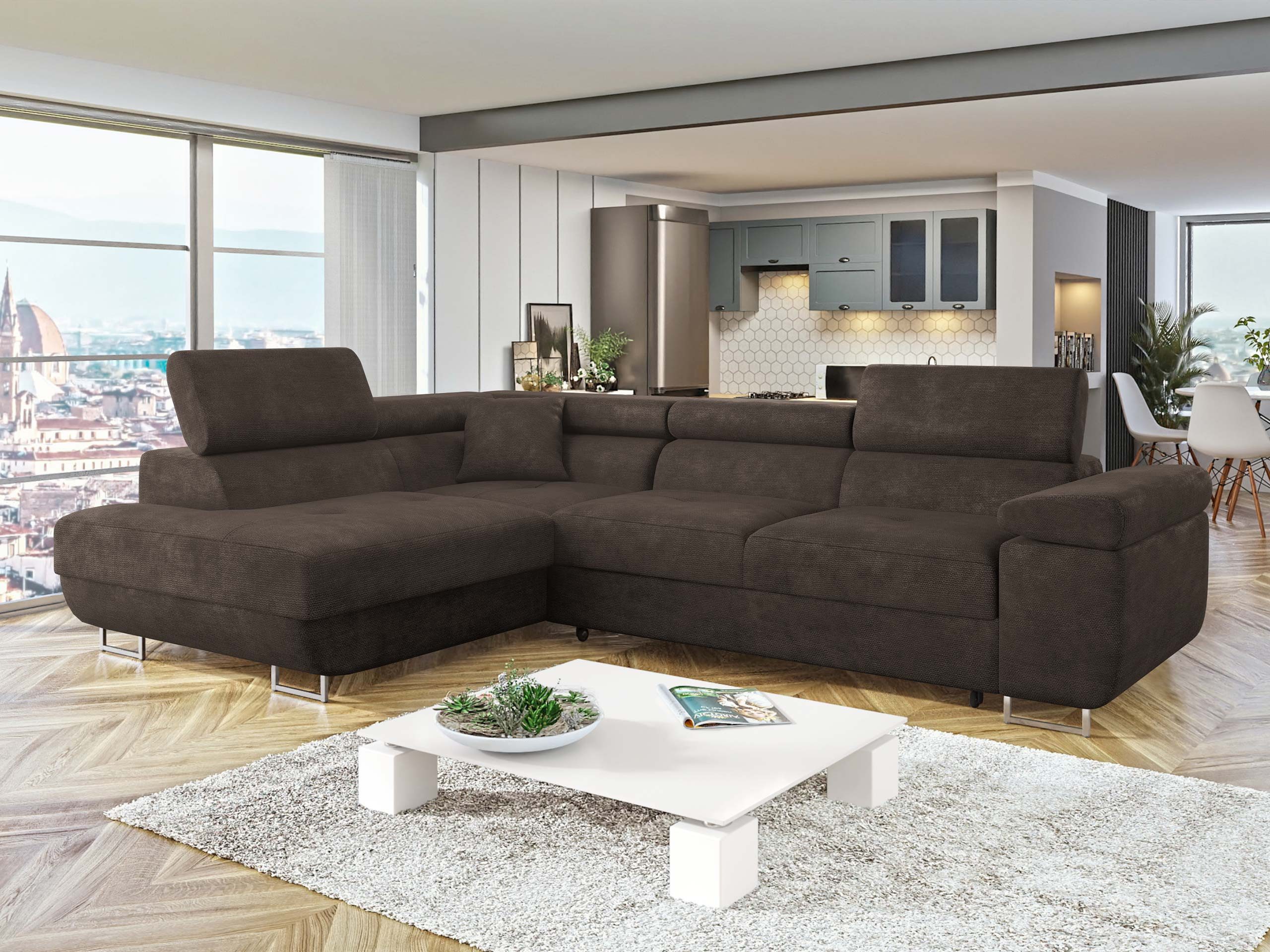 MIRJAN24 Ecksofa Torezio, mit Bettkasten und Schlaffunktion, Einstellbare Kopfstützen, 274x203x70-90 cm
