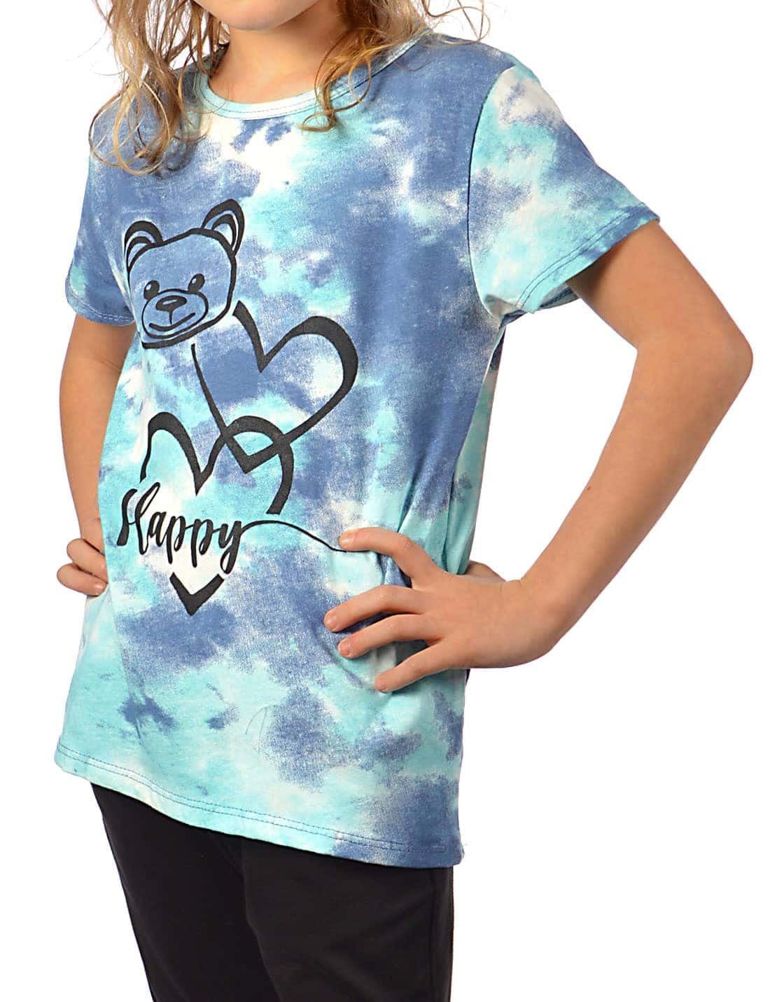 KMISSO T-Shirt Mädchen T-Shirt Batikdruck Bärchengesicht (1-tlg) mit Print Blau