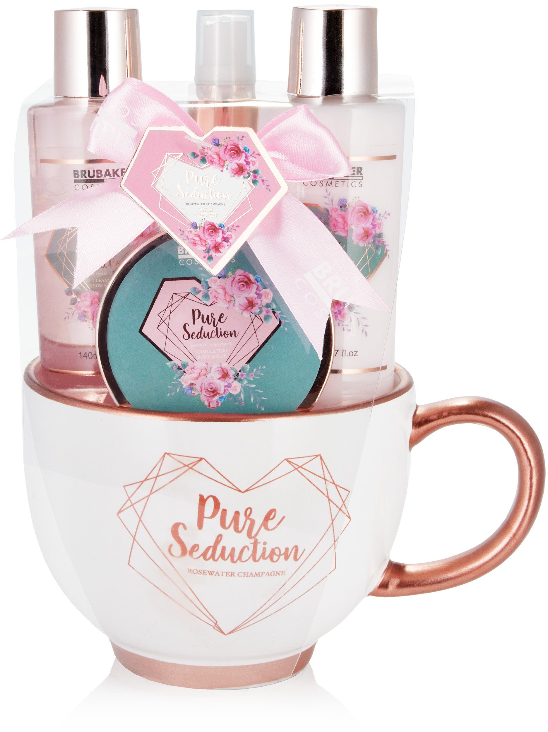 BRUBAKER Pflege-Geschenkset Dusch- und Badeset - Pure Seduction - mit Rosenwasser Duft, 5-tlg., Frauen Geschenkset mit Kaffeetasse, Pflegeset, kleines Wellness Set