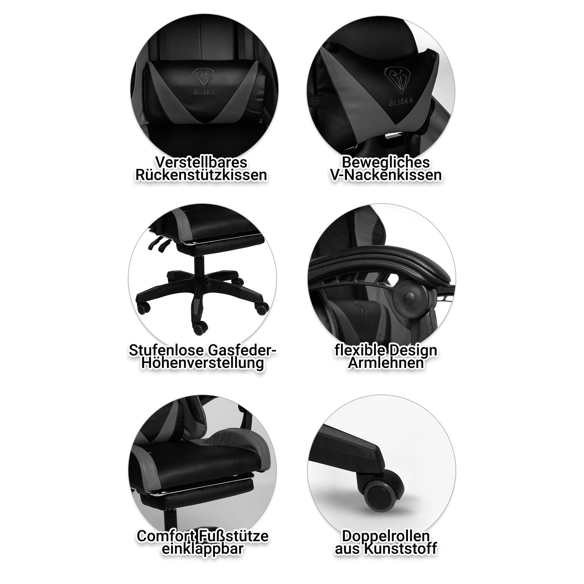 Design-Armlehnen Konrad (1 Schwarz/Grau TRISENS mit flexiblen Chair Stuhl Gaming mit Gaming Chefsessel Fußstütze Stück),