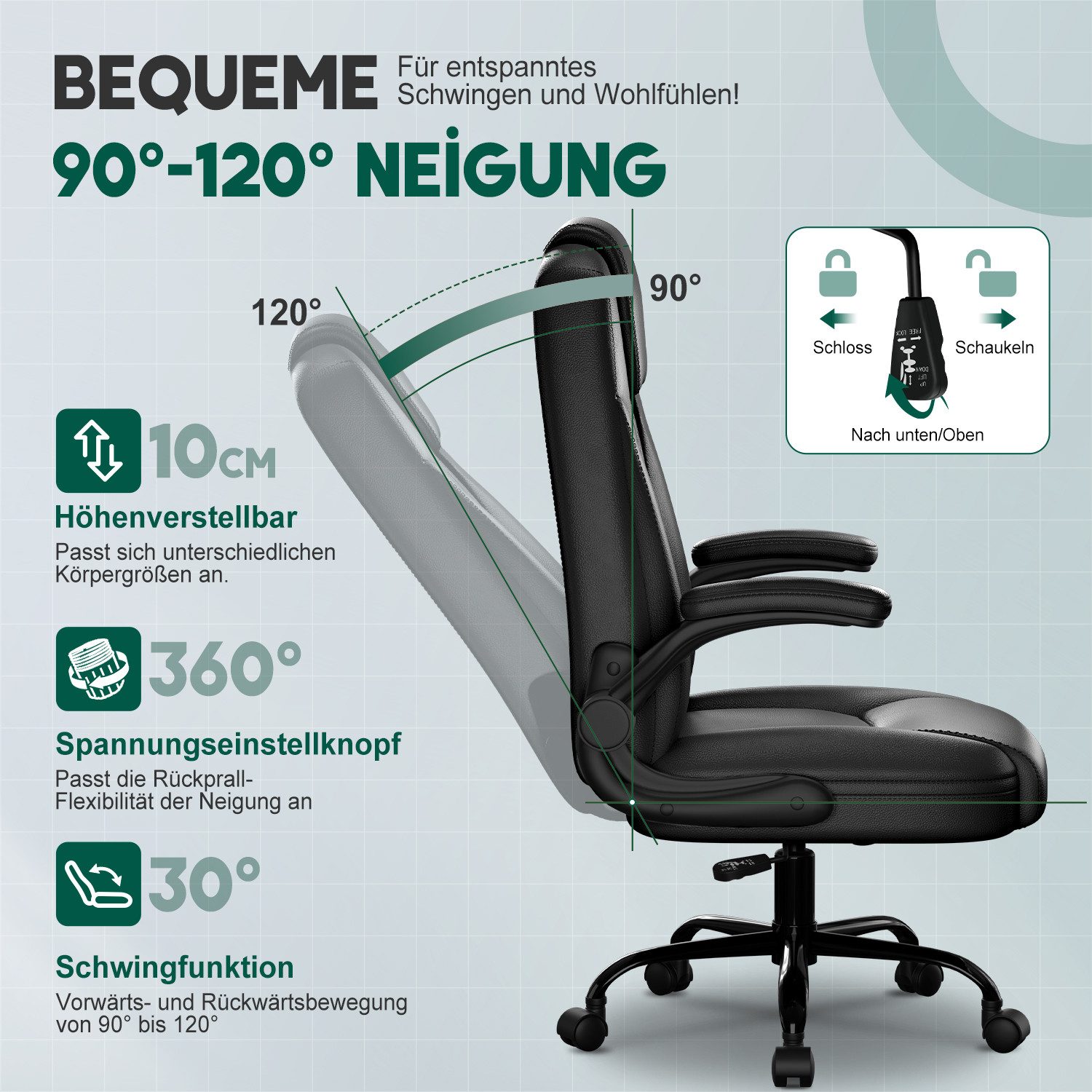 Fukstern Bürostuhl Ergonomischer Bürostuhl mit 90° klappbaren Armlehnen (Atmungsaktiver Mesh-Bezug, Rücken- und Taillenstütze, Neigung fixierbar bei 90° (maxima – Bild 5 von 5
