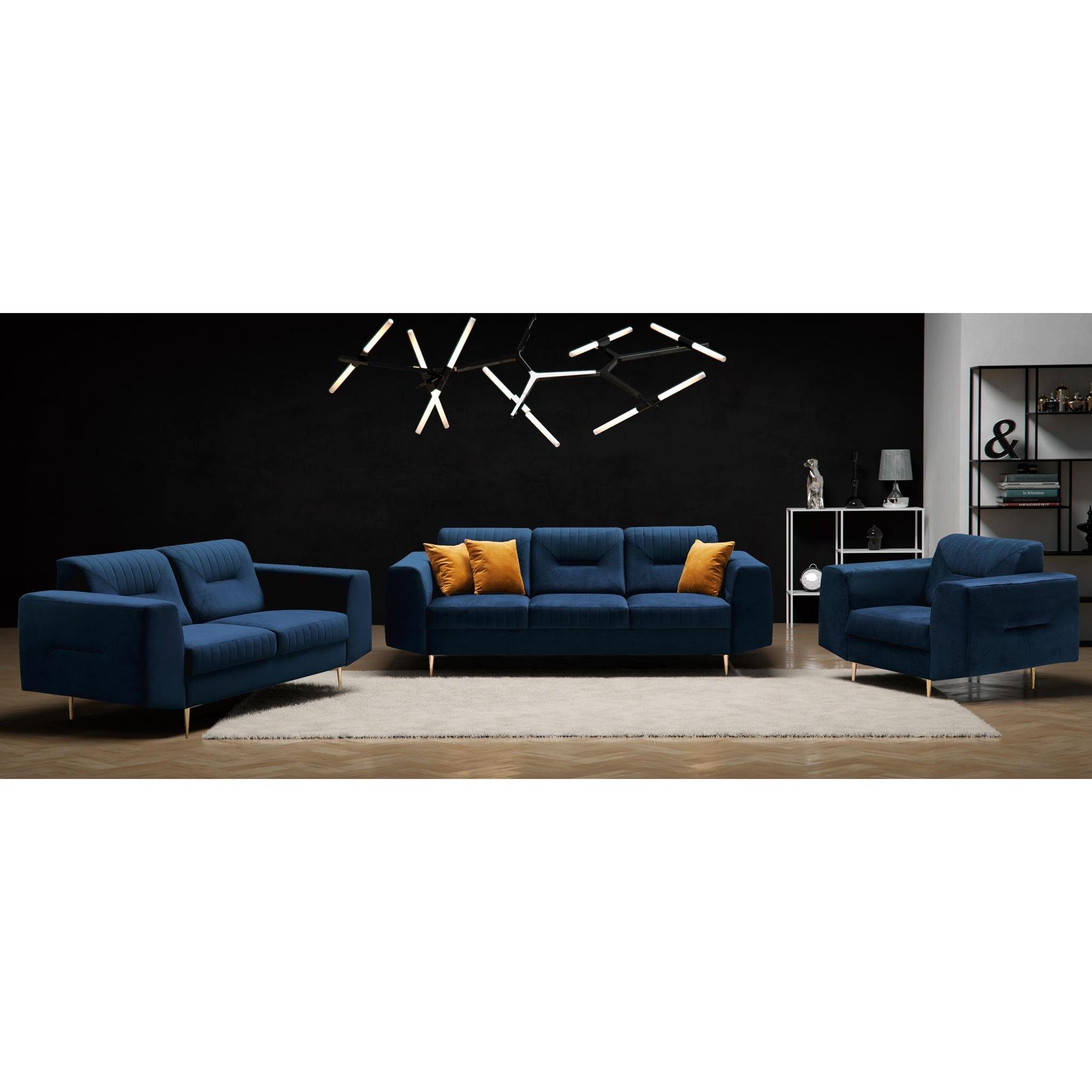 Beautysofa Polstergarnitur VENEZIA, (Sessel + 2-Sitzer Sofa + 3-Sitzer Sofa im modernes Design), mit Metallbeine, Couchgarnituren aus Velours Blau (bluvel 86)