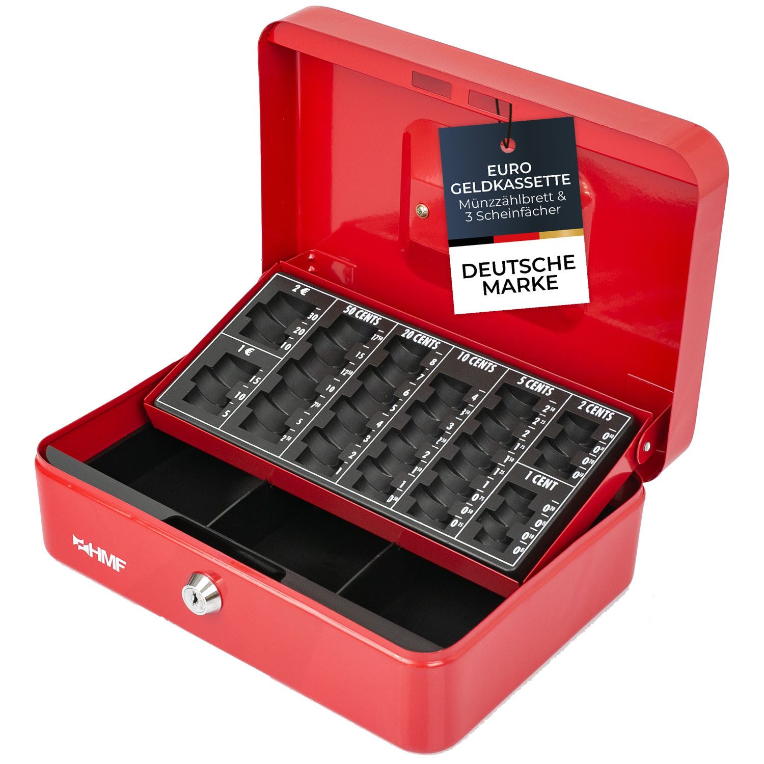 HMF Geldkassette Bargeldkasse mit herausnehmbarem Münzzählbrett und Scheinfach, robuste Geldbox mit Schlüssel, 25 x 18 x 9 cm, rot