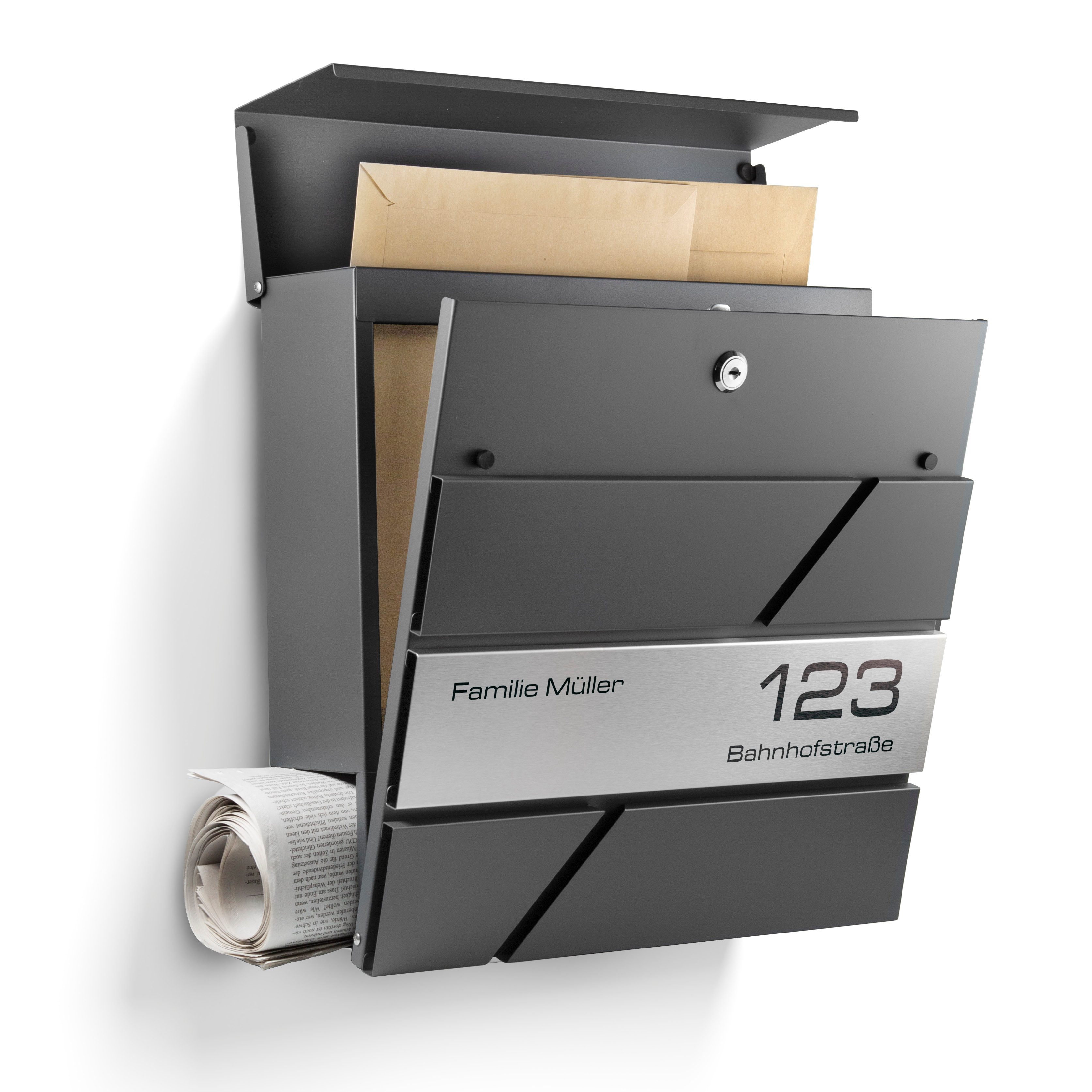 NewHabitat Briefkasten Moderner Wandbriefkasten Personalisierbar Anthrazit RAL7016 (Komplettset, Modell: Paris), Rostfrei