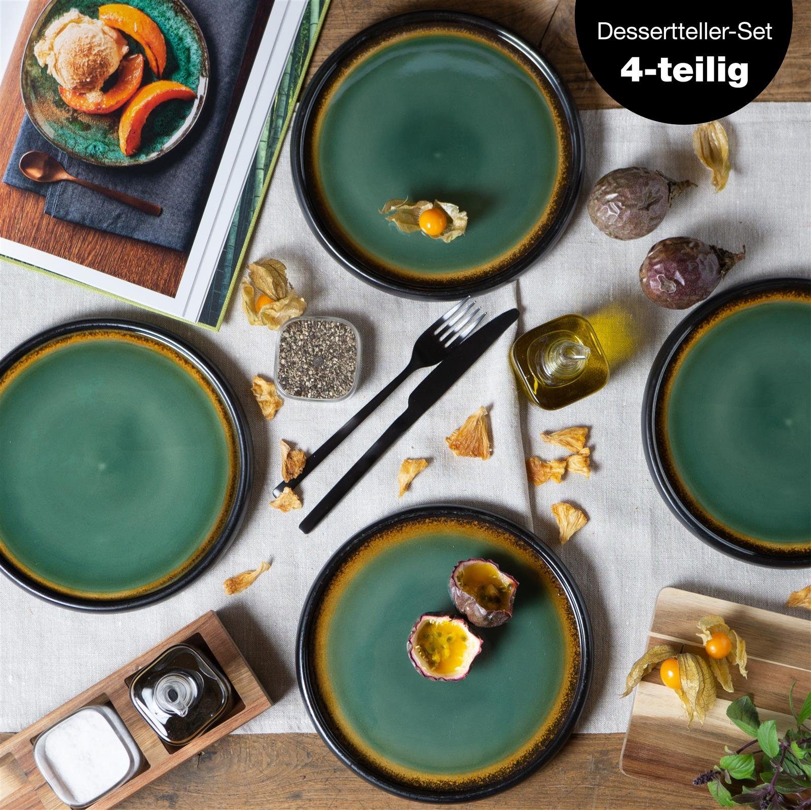 Moritz & Moritz Dessertteller SOLID 4x Dessertteller Grün/Braun, (4 St), Robustes Steinzeug, Spülmaschinengeeignet