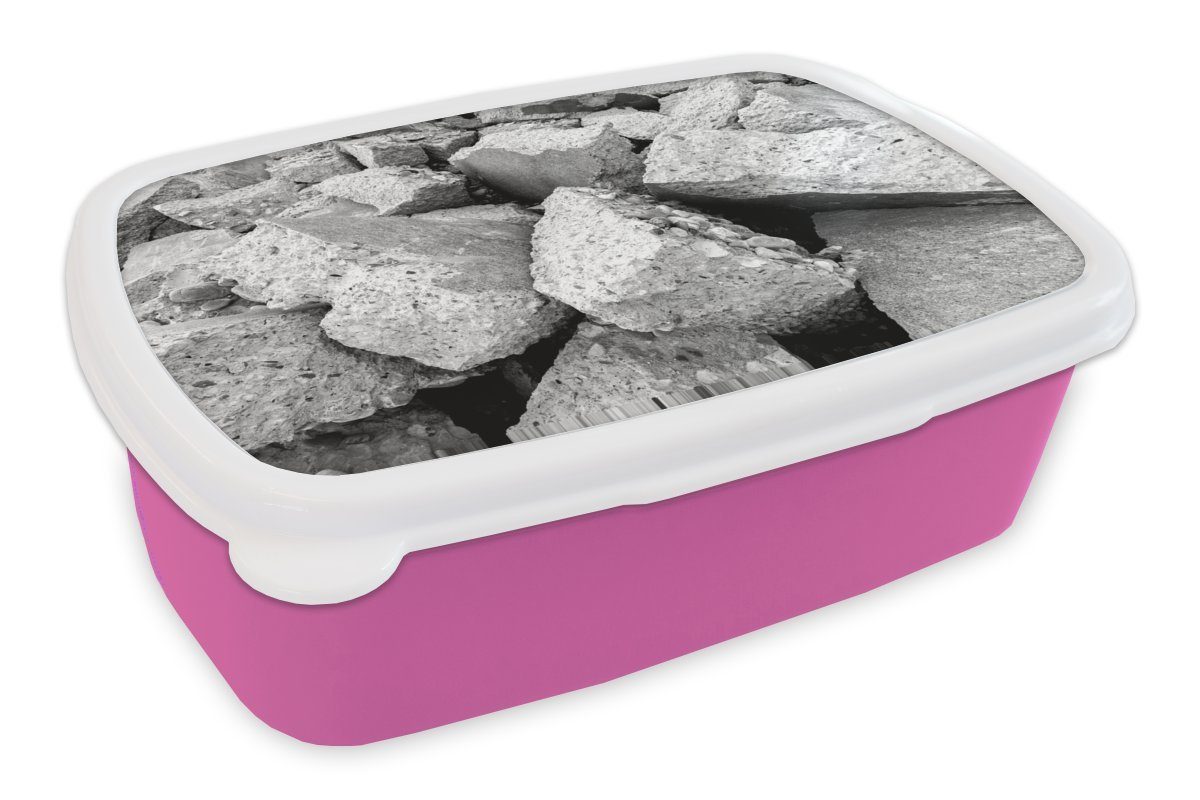Lunchbox weiß, Kinder, Brotbox Snackbox, Brotdose Mädchen, und - MuchoWow rosa Gebrochene Kunststoff, Betonstruktur (2-tlg), schwarz für Erwachsene, Kunststoff