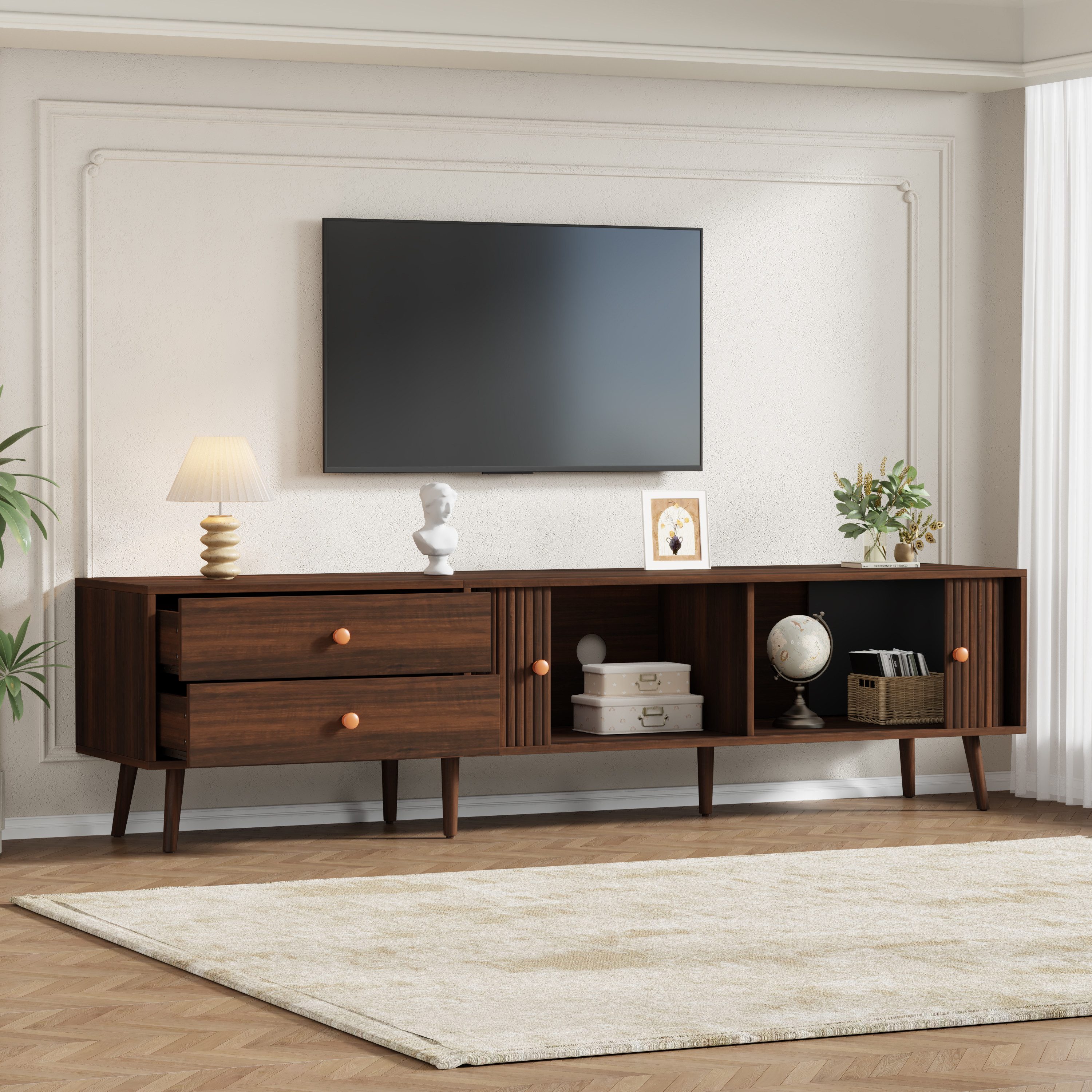 Merax Lowboard TV-Schrank in Walnussholzoptik, 180x40x46,5 cm (1 St), TV-Ständer Wohnzimmerschrank mit 2 Schubladen, 2 Rolltüren,7 Standfüße – Bild 2 von 5