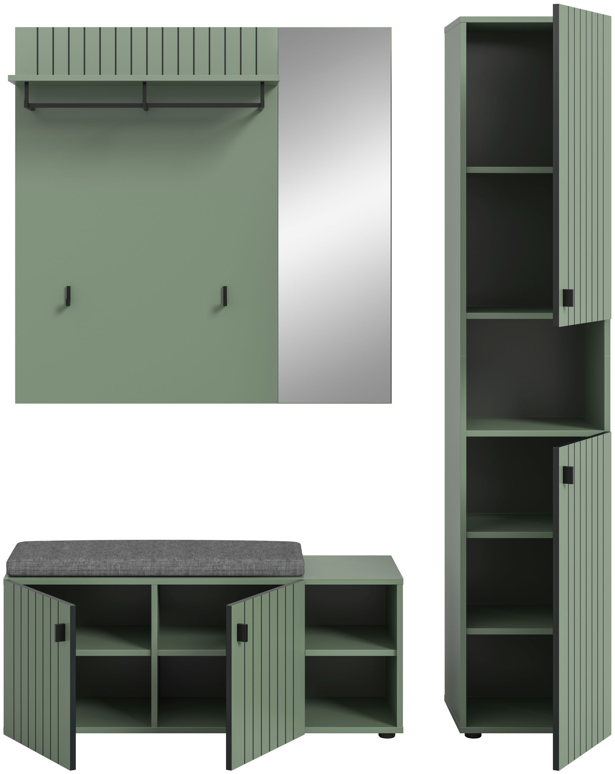 xonox.home Garderoben-Set, (3-tlg. Garderobensitzbank, Garderobenpaneel & Garderobenschrank), inkl. Sitzkissen in Smoke Green Nachbildung B/H/T ca.: 161/192/37 cm