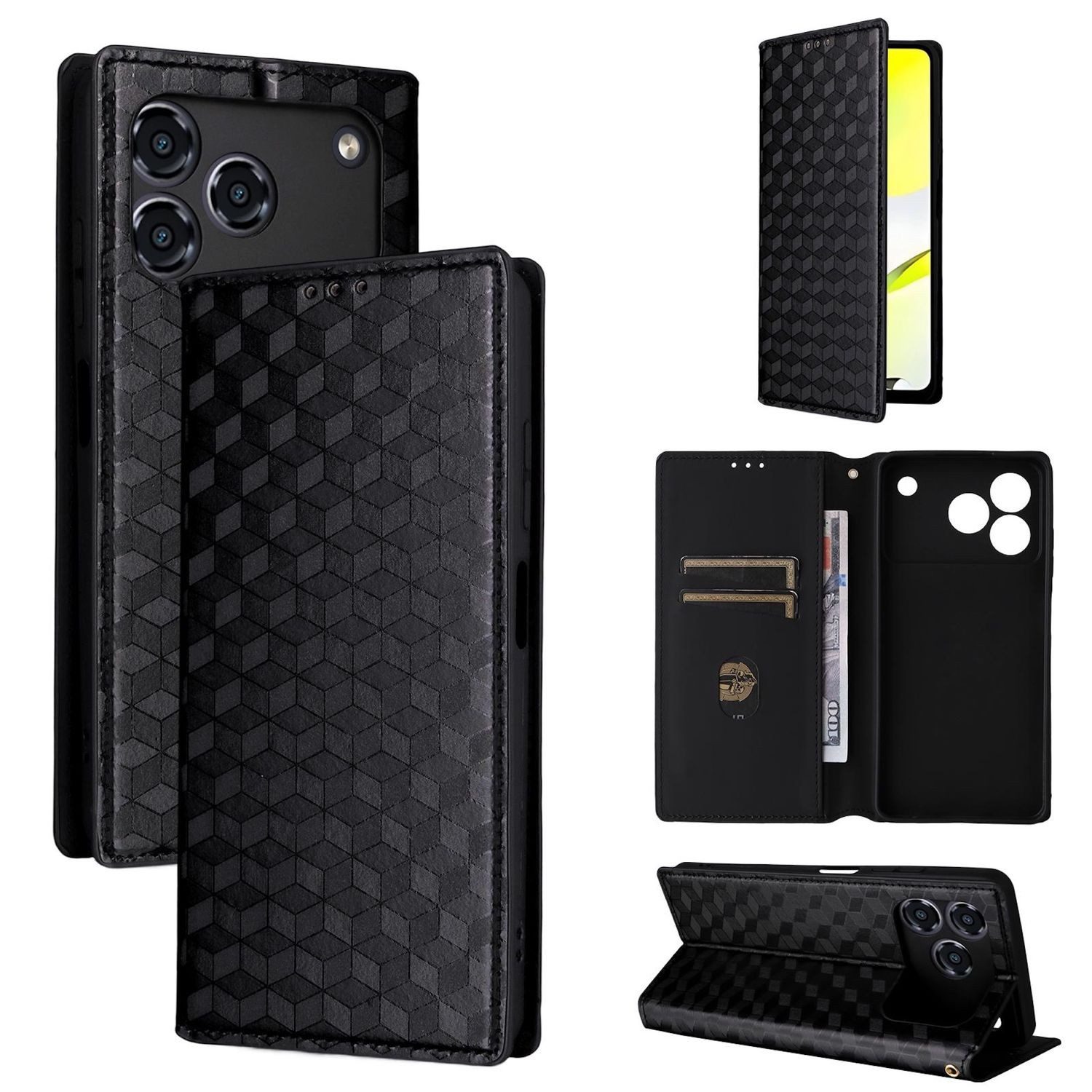 Wigento Smartphone-Hülle Für ZTE Blade A76 4G Cubic Design Flip Kunstleder Wallet Hülle Schwarz, Flip Case mit Kartenfächern und strukturierter Oberfläche
