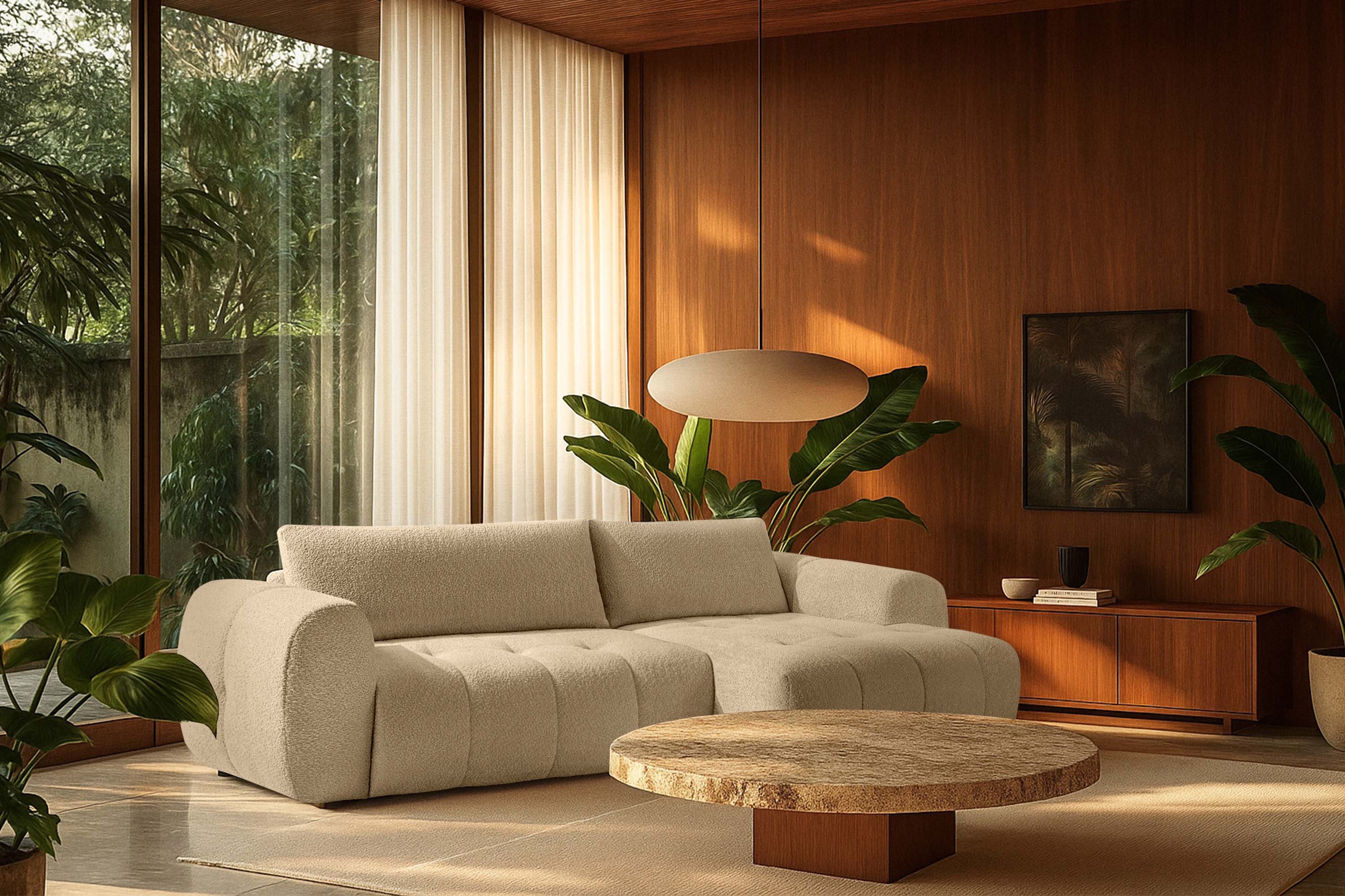 KONSIMO® Ecksofa LIRA mit Schlaffunktion, Japandi, Premiumqualität aus EU, rechts Ecksofa, elastischer Sitz, Bouclé-Stoff, Mega große Liegefläche (232x157 cm)