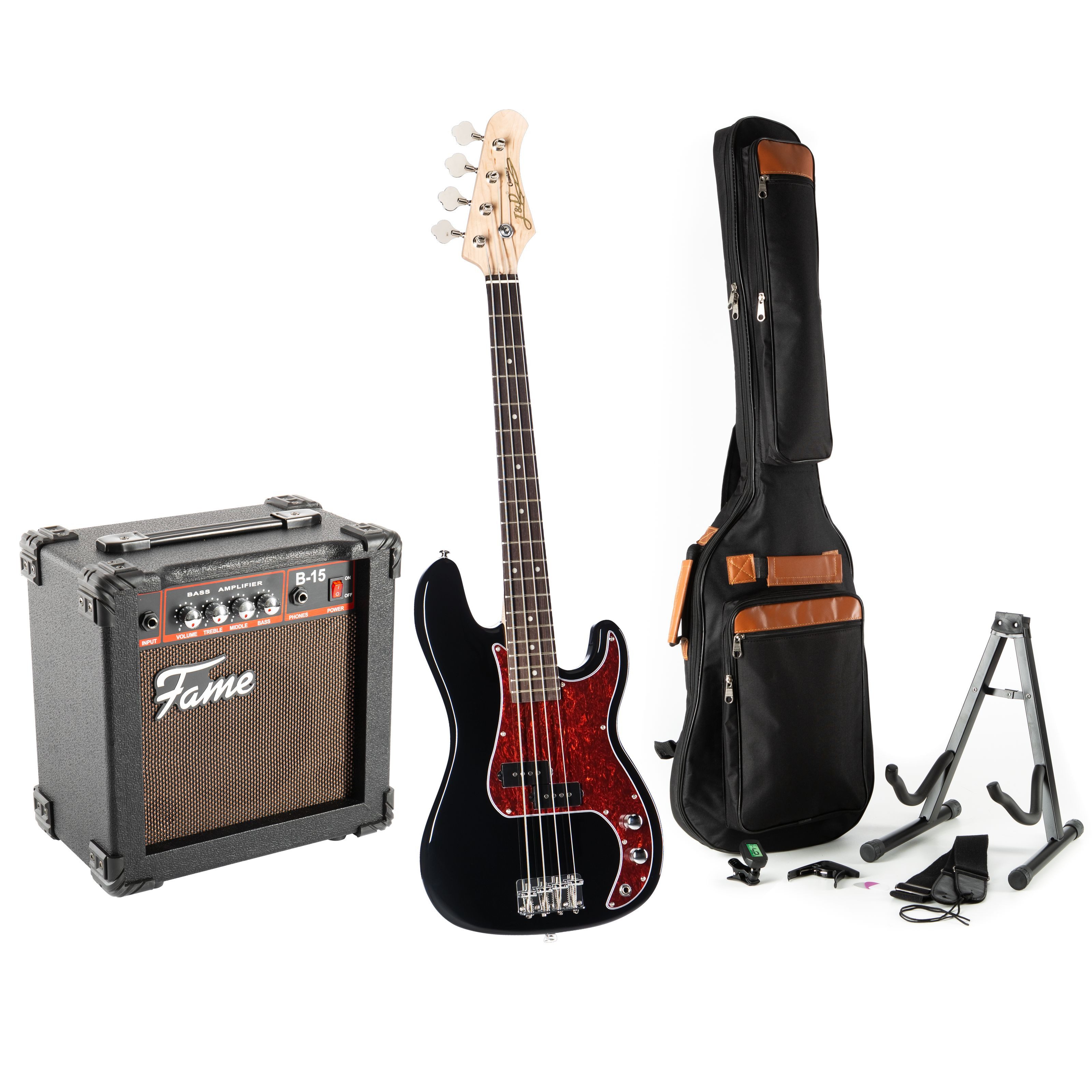 J & D E-Bass, PB MINI Black Shortscale E-Bass Set Hochglanz Finish Erle Korpus Ahorn Hals Split Coil Tonabnehmer inklusive Verstärker und Zubehör, E-Bässe, Bass-Sets, PB MINI Black Shortscale E-Bass, Split Coil Tonabnehmer, Verstärker