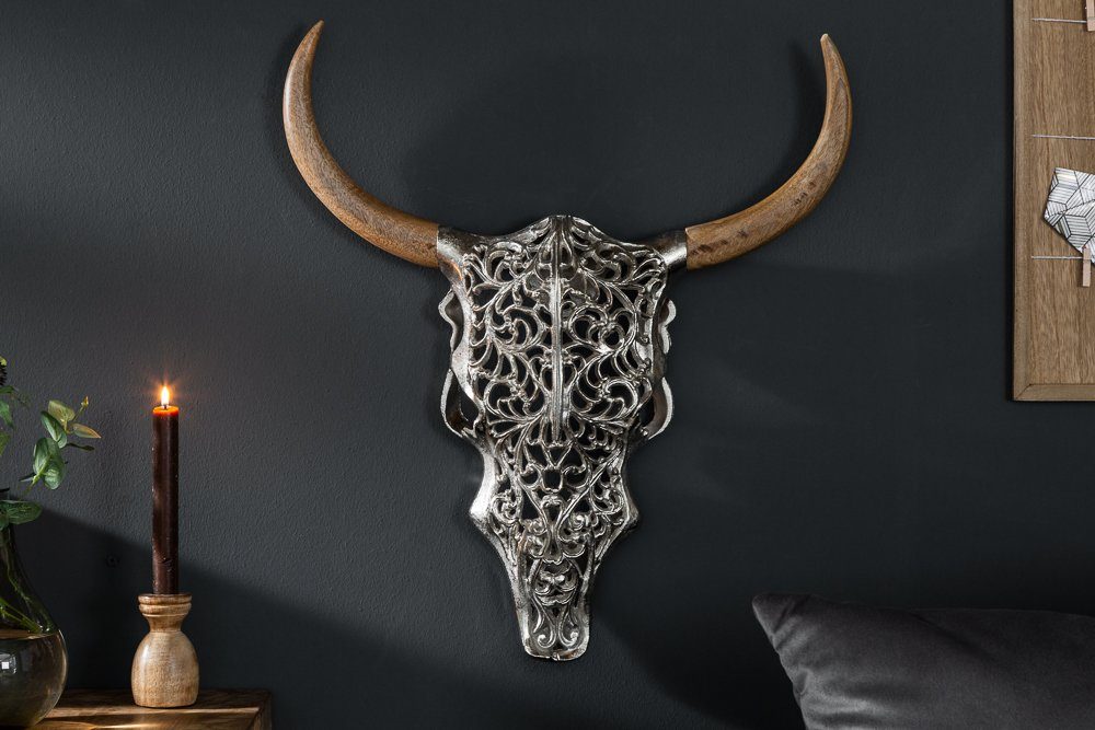 riess-ambiente Wanddekoobjekt EXOTIC BULL 57cm silber / natur, Wohnzimmer · Metall · Stierkopf · Skulptur · Wanddekoration