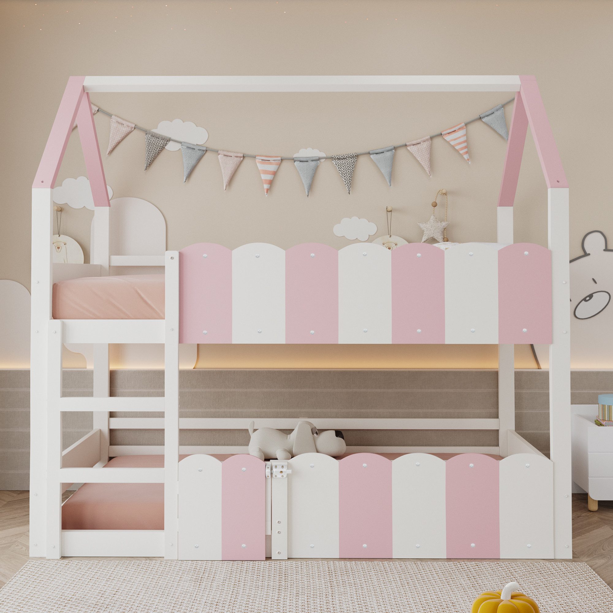 REDOM Etagenbett mit Hausdach & Sicherheitsgeländer, Lattenrost und Spielbereich unten (Kinderbett Holzbett, 90x200cm), ohne Matratze, Das untere Bett ist ohne Lattenrost.