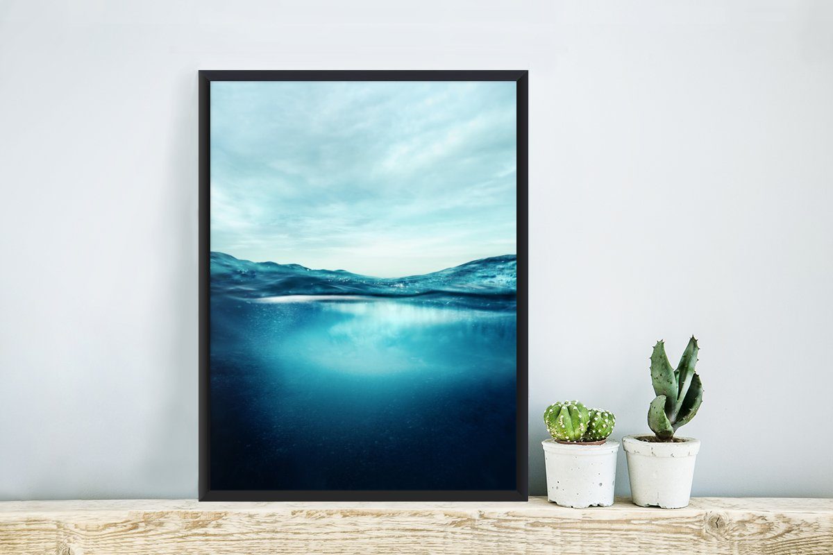 Kunstdruck, MuchoWow (1 Ozean Rahmen, Bilderrahmen Blau, Poster St), - Schwarzem Poster, - mit Wasser Gerahmtes