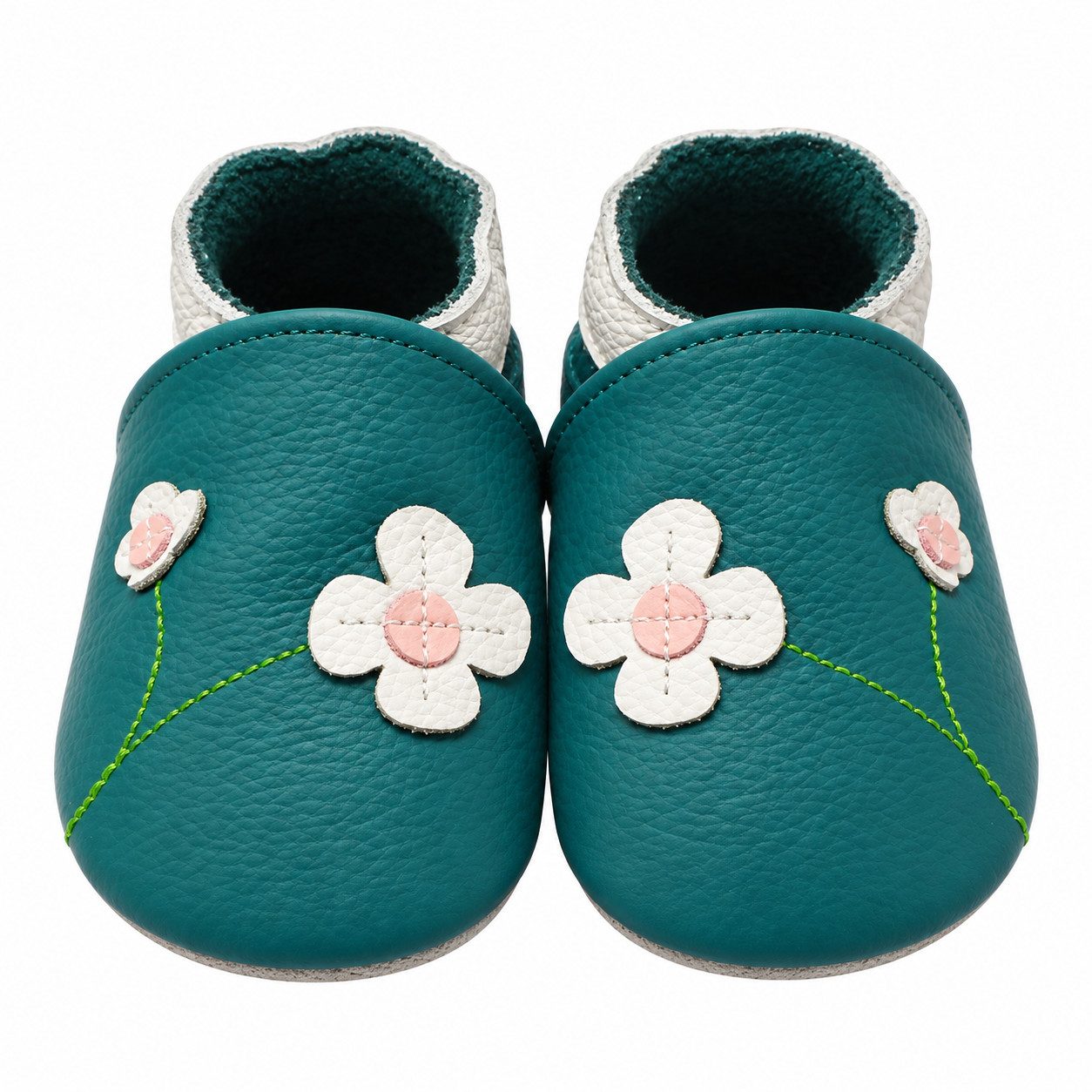 Yalion Leder Baby-Lauflernschuhe, weich, handgefertigt Grüne Blumen Krabbelschuh