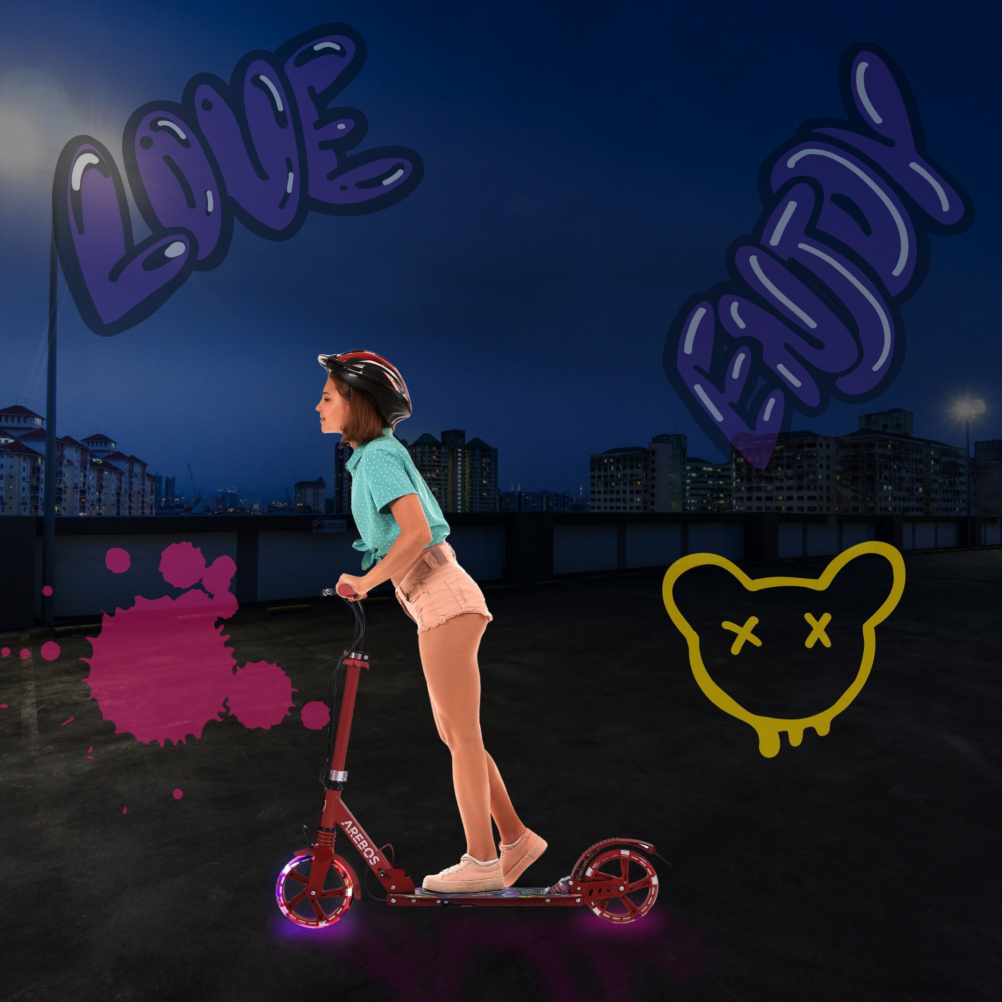 Arebos Tretroller LED-Reifen, faltbar, höhenverstellbar, inkl.Klinge l& Bremsen 100 kg, LED-Reifen: Leuchten während der Fahrt, für mehr Sichtbarkeit und Spaß