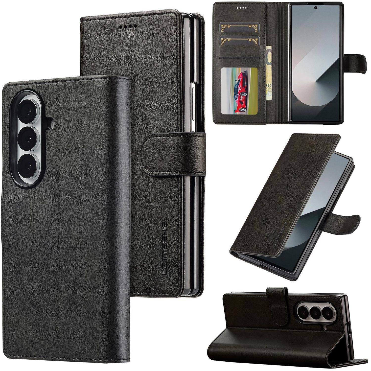 Wigento Handyhülle Für Samsung Galaxy Z Fold7 LC.IMEEKE Kunstleder Premium Hülle Schwarz, Wallet Case mit Kartenfächern und Standfunktion