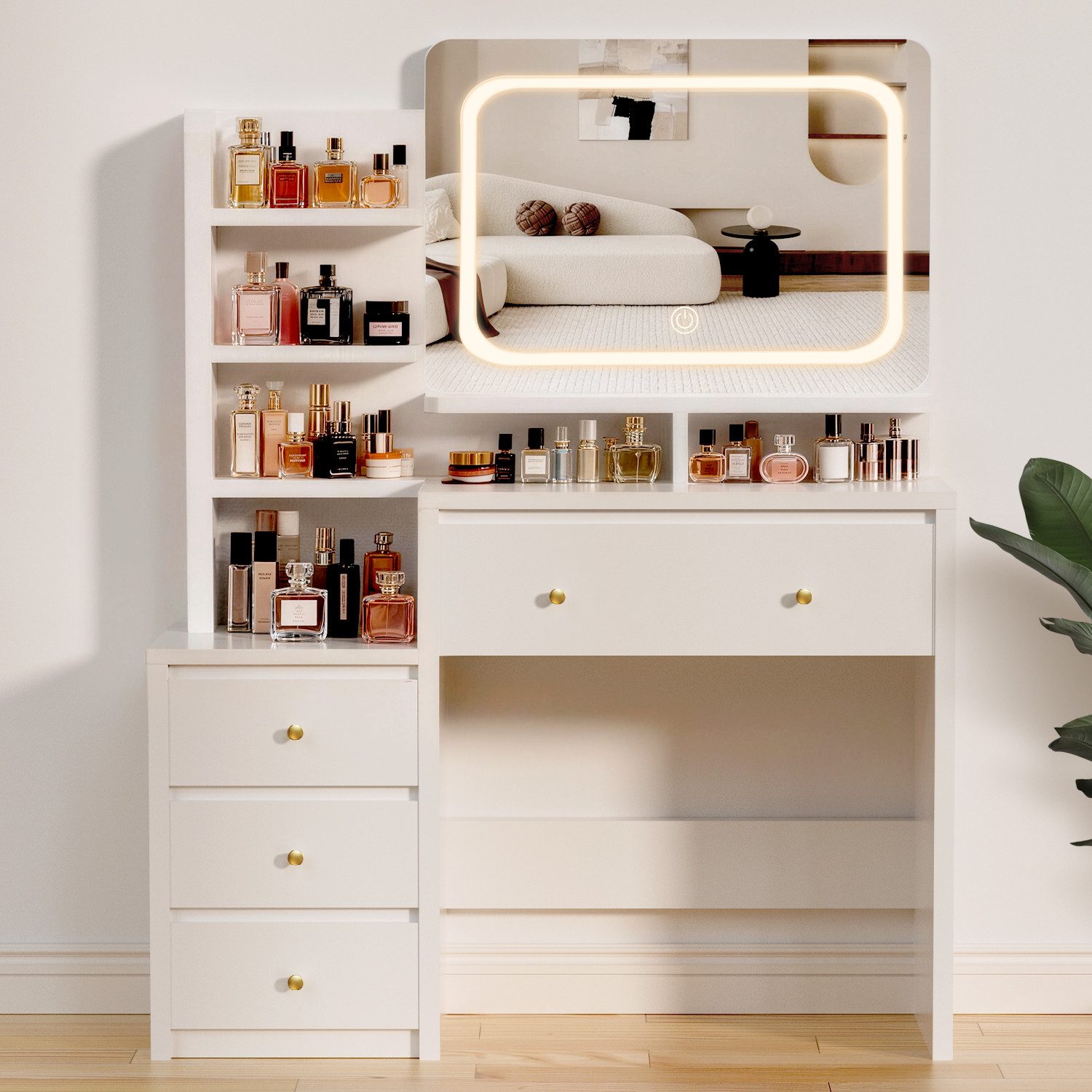 Lexzurn Schminktisch Schminktisch mit LED-Beleuchtung, dimmbar, großem HD-Spiegel, 92,6x36x132cm,7 offene Fächer+4 Schubladen,3 Farben–perfektes Styling.