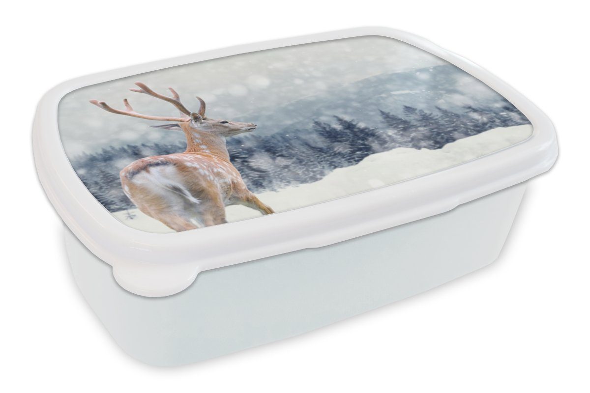 MuchoWow Lunchbox Winter - Hirsche - Tiere, Kunststoff, (2-tlg), Brotbox für Kinder und Erwachsene, Brotdose, für Jungs und Mädchen weiß