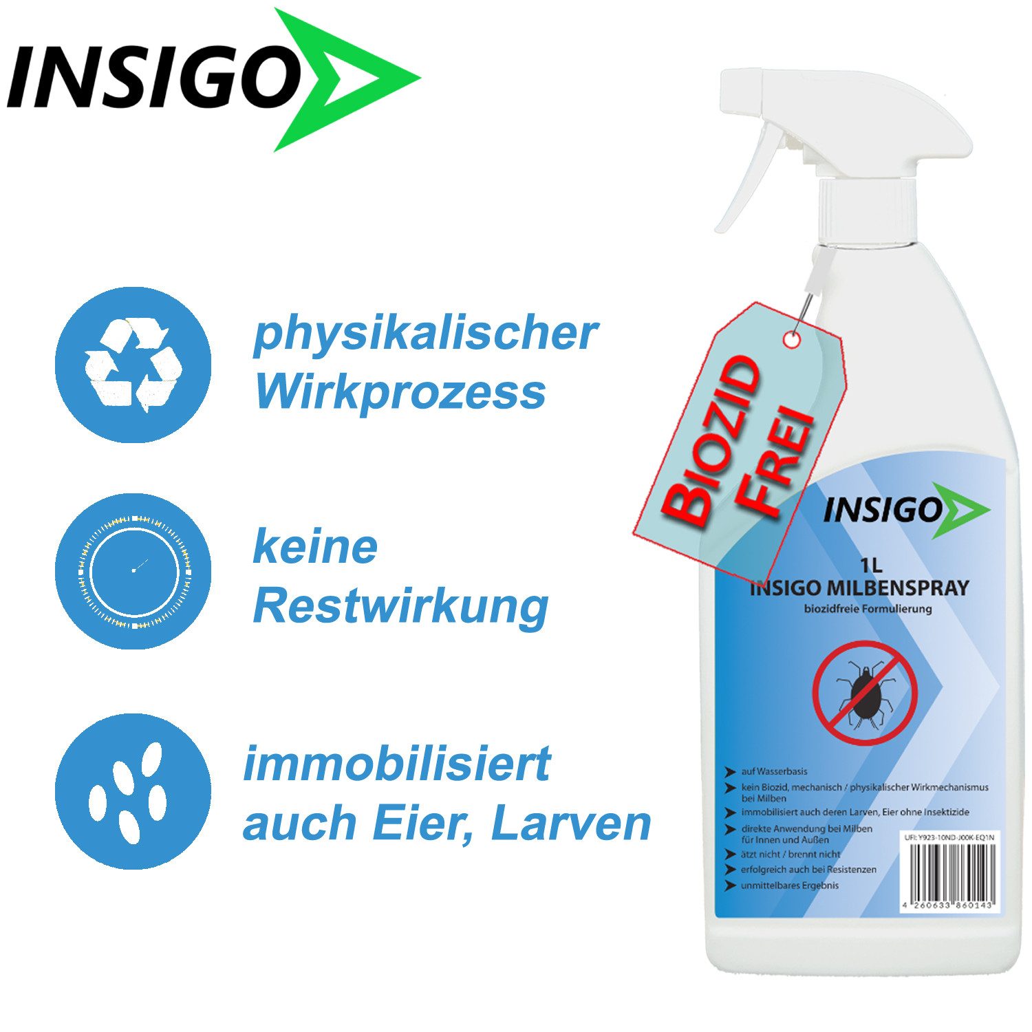 INSIGO Insektenspray Anti Milben-Spray Milben-Mittel Ungezieferspray, 3 l, biozidfreie Formel, auf Wasserbasis, geruchsarm, brennt / ätzt nicht