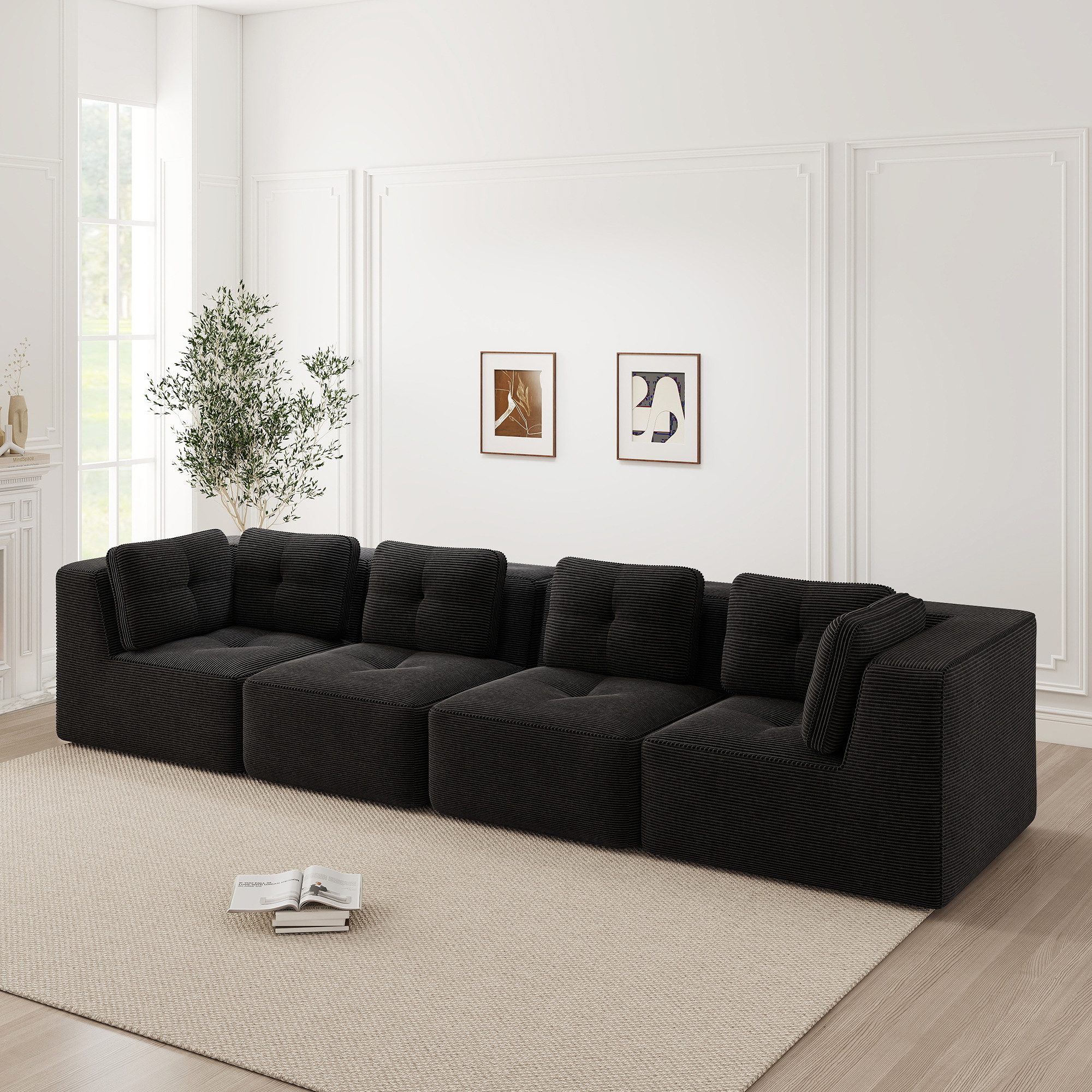 HAUSS SPOLE Loungesofa für Wohnzimmer,Viersitzer Cordsofa mit rutschfester Standfuß,Schwarz, Relaxsofa mit Weicher und hautfreundlicher Cordstoff, für kleine Wohnung oder großes Haus