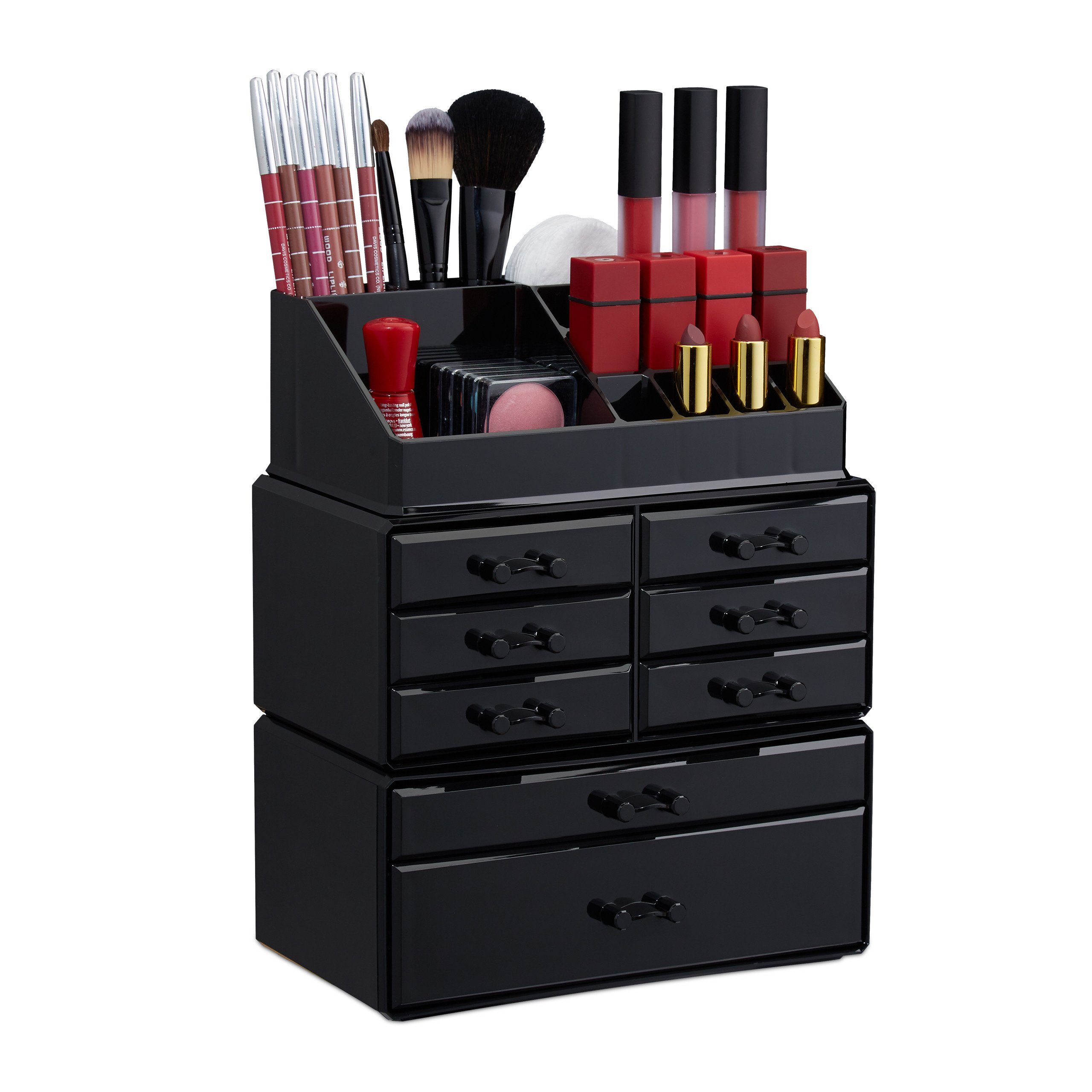 relaxdays Make-Up Organizer mit 8 Schubladen, 3-tlg., schwarz