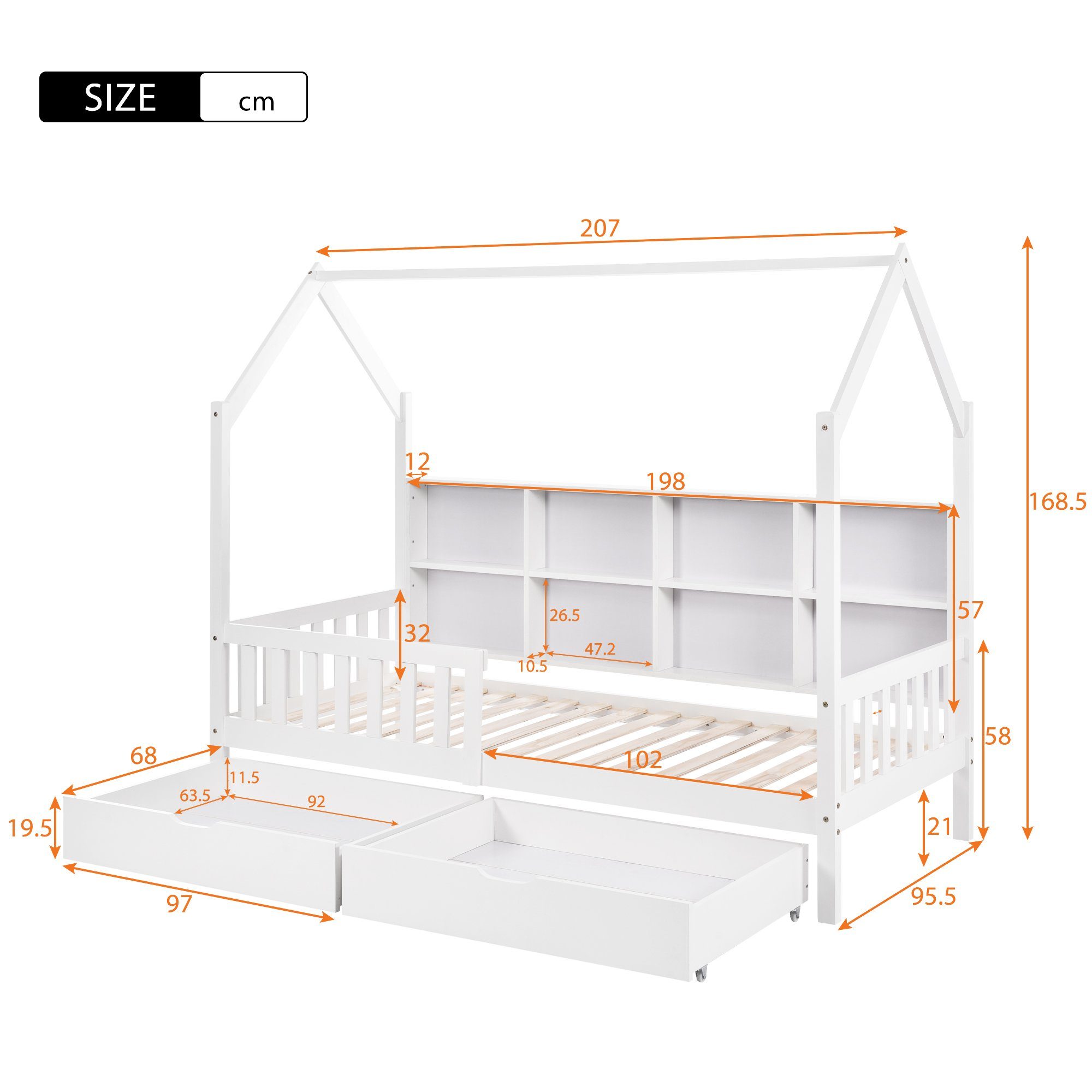 Kinderbett (Hausbett 90x200 cm), mit Bücherregal, zwei Schubladen, Rausfallschutz & Lattenrost, Kiefer