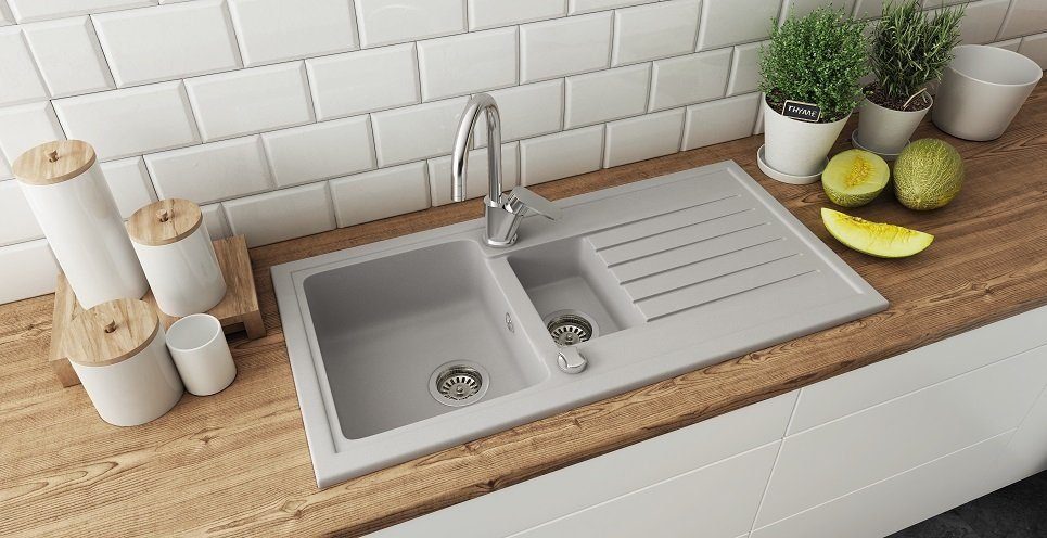 Faizee Möbel Granitspüle Granitspüle Spülbecken Grau mit Armatur mit Spiral 99x49 Chrom cm Becken 2 Spiral