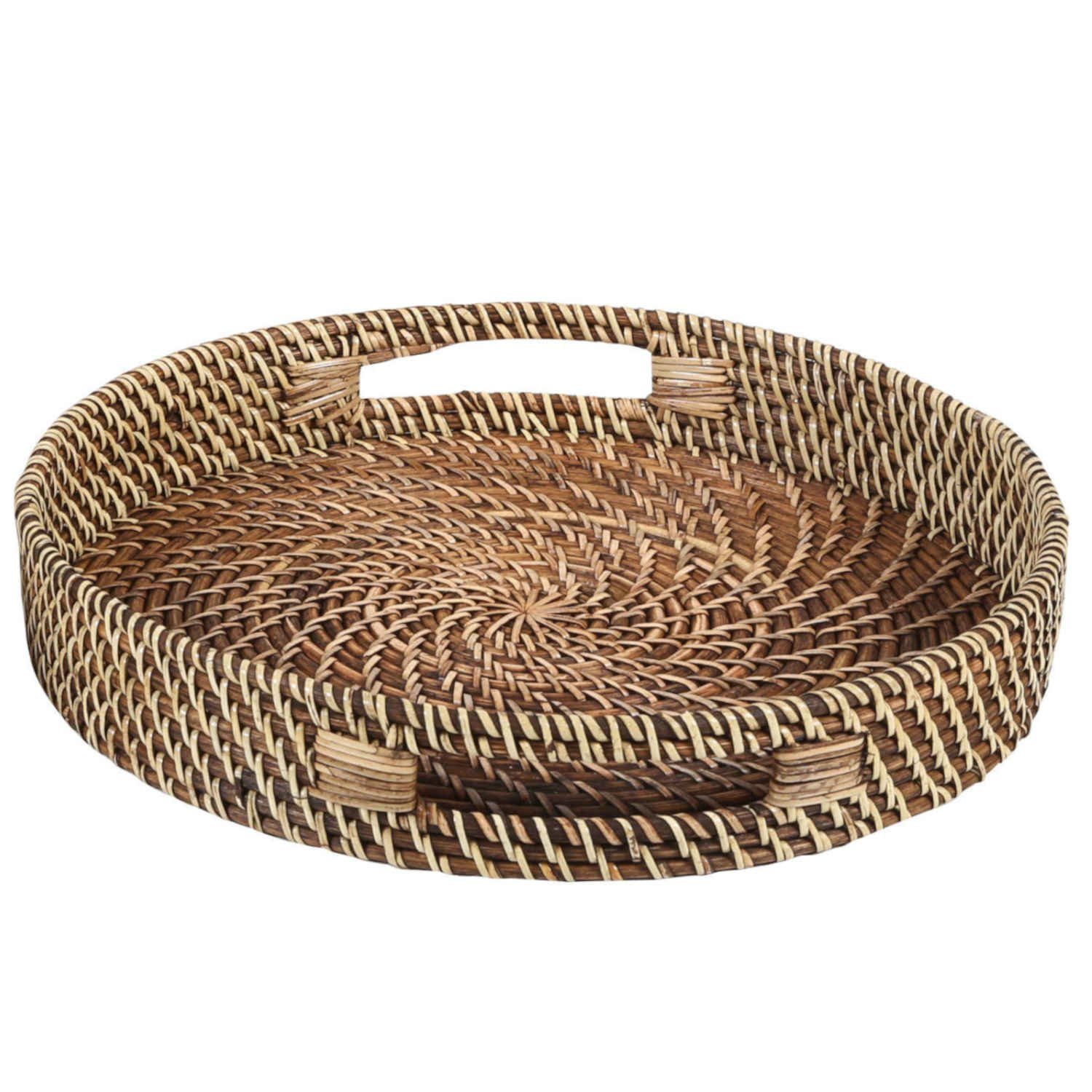 Casa Moro Dekotablett Rattan Serviertablett BEA rund mit Griffen (Servierplatte rustikal geflochten, Boho Chic Servierteller Deko-Tablett), dekoratives Tablett für Getränke, Frühstück, Tee, Service