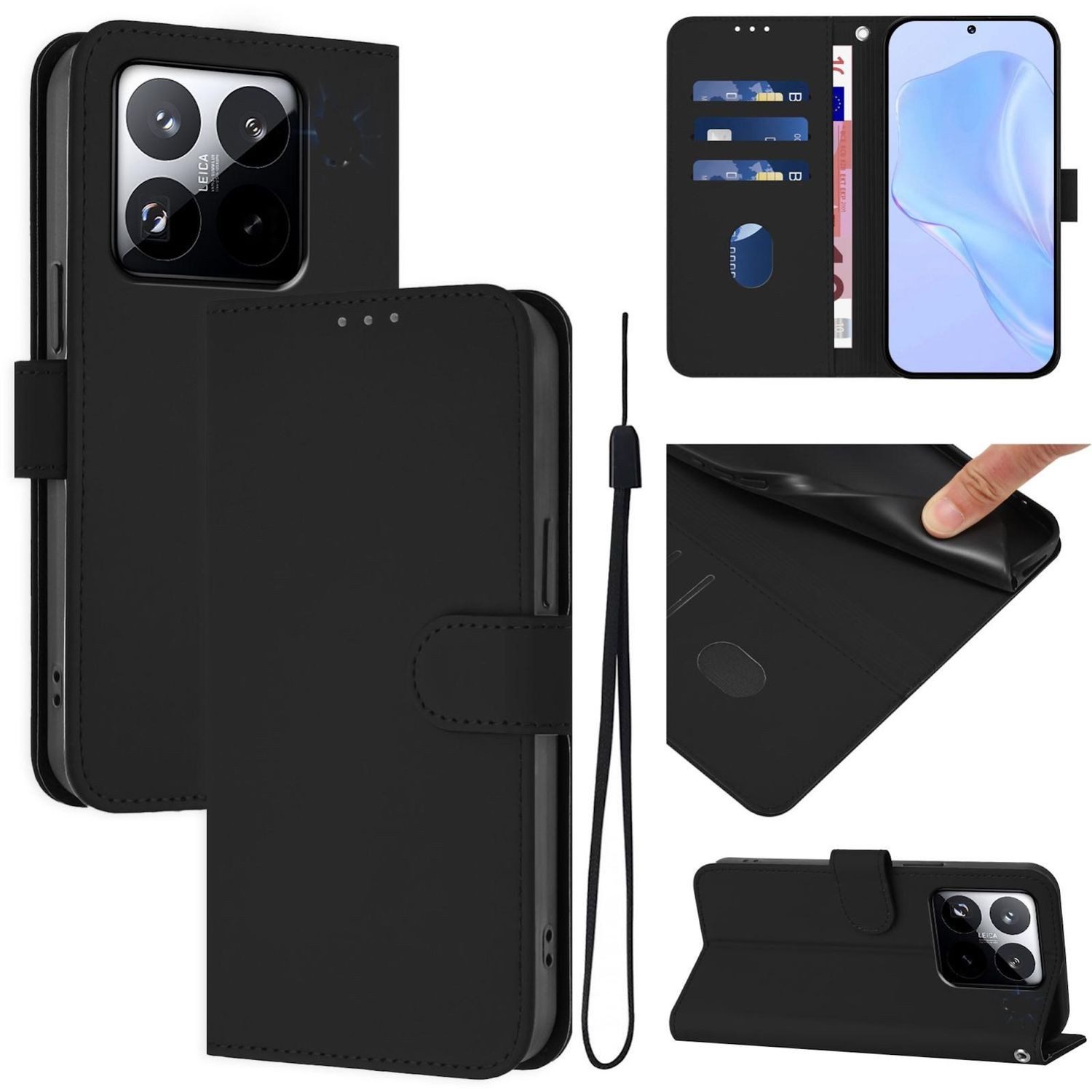 Wigento Handyhülle Für Xiaomi 15T 5G Solid Color Kunstleder Wallet Hülle mit Band Schwarz, Kartenfächer, Trageband, Standfunktion