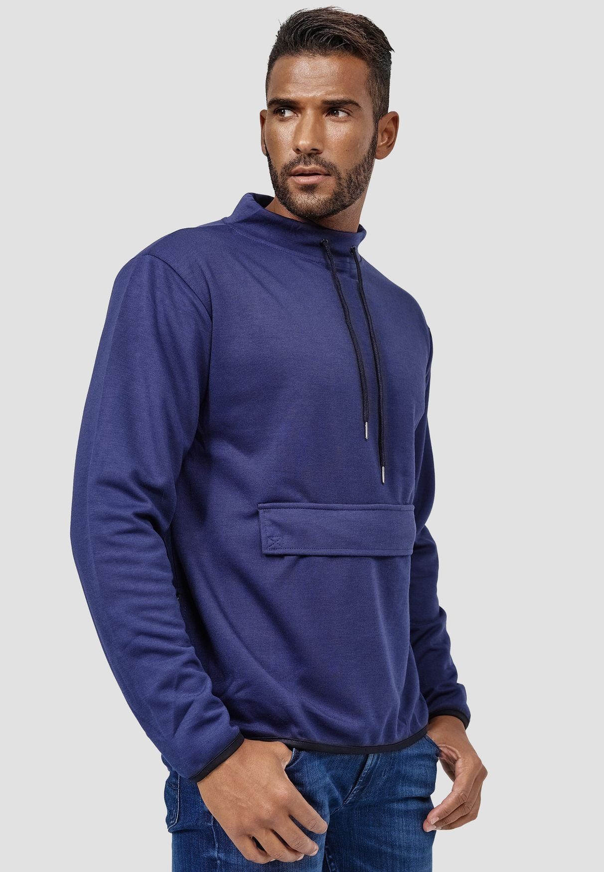 Egomaxx Sweatshirt mit Sport Blau Bauchtasche Dünnes Longsleeve Sweatshirt Pullover Sweater 3842 in (1-tlg)