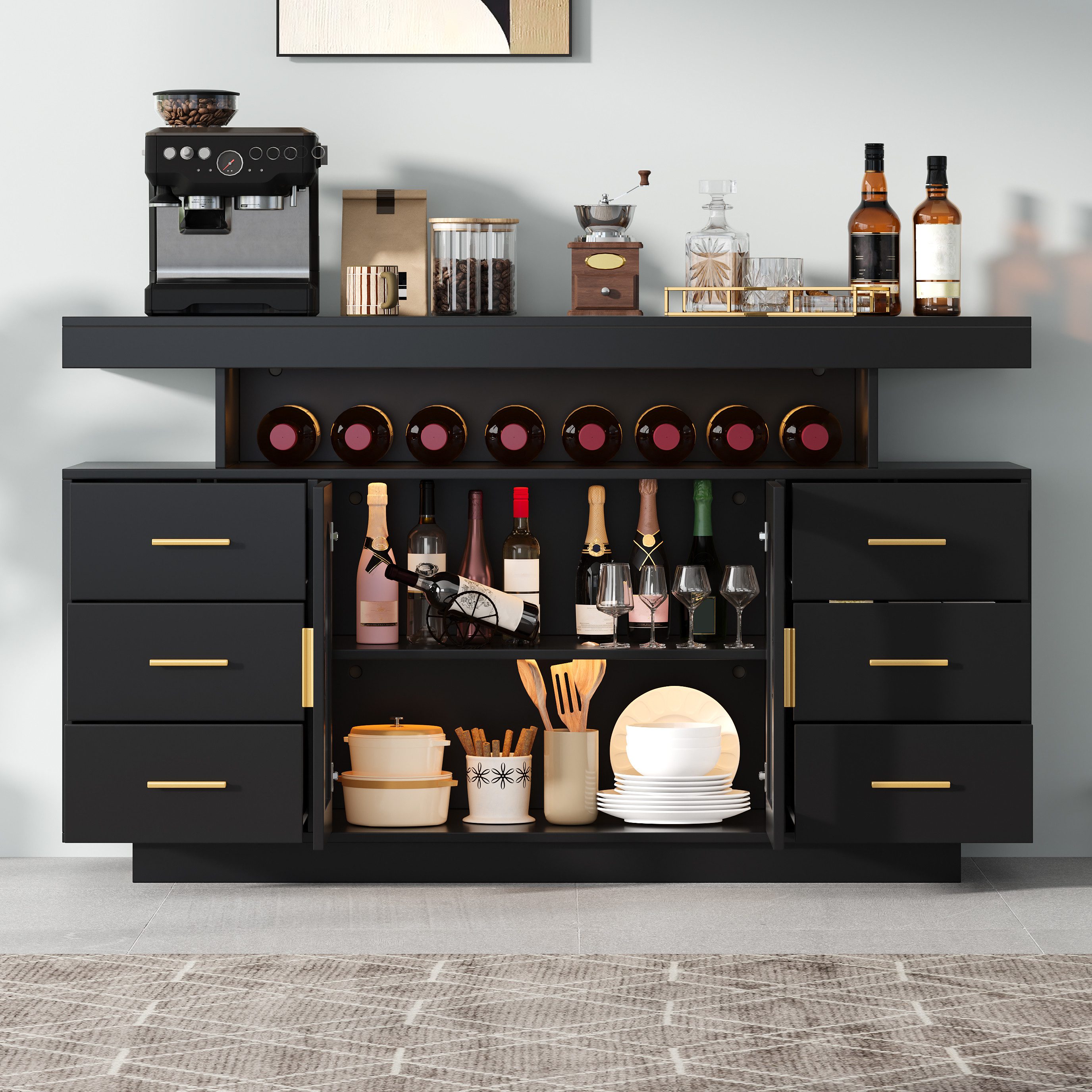 Flieks Kommode Weinschrank mit LED-Beleuchtung, 6 Schubladen, 2 Glastüren Sideboard (B140/T40/H82 cm, 1 St., Schrank für Wohnzimmer, Esszimmer, Schlafzimmer), M – Bild 4 von 5