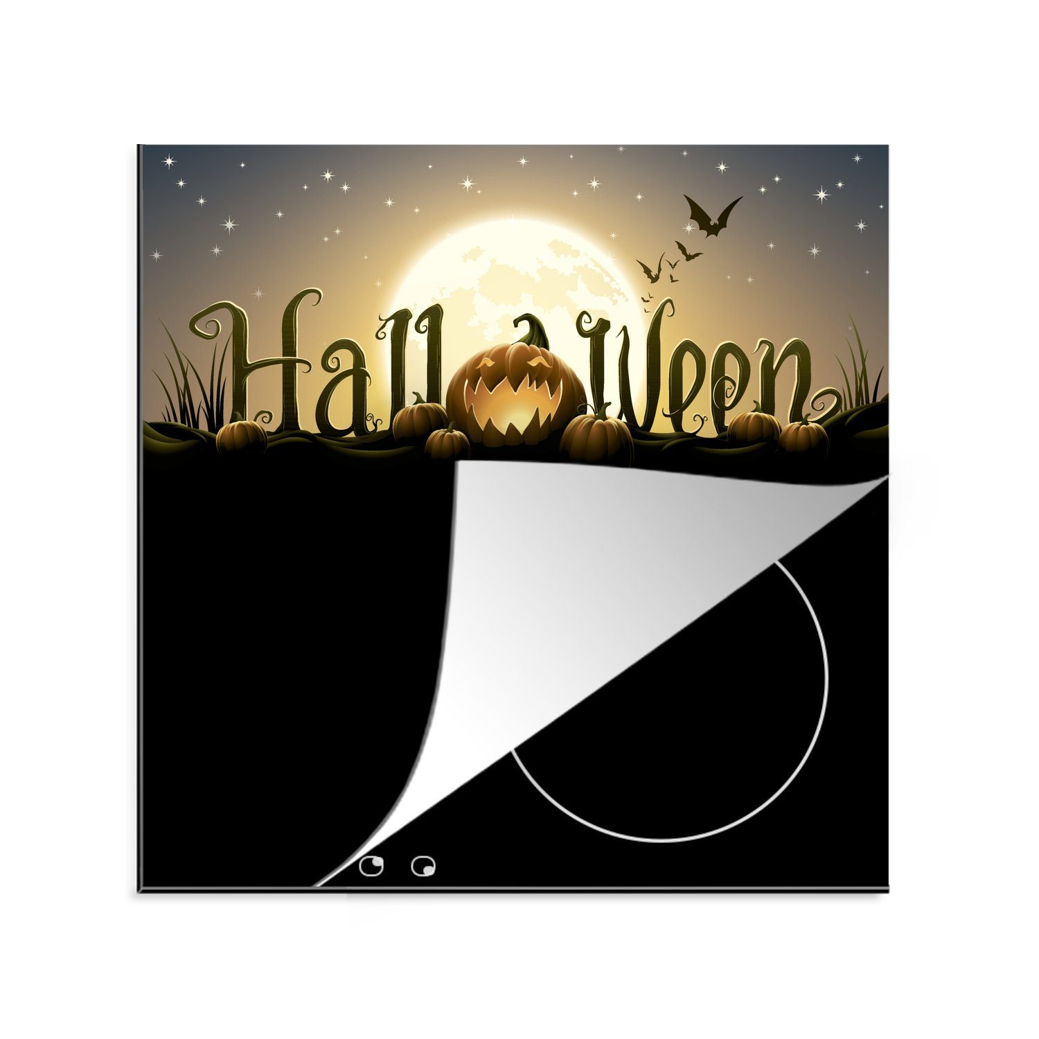 MuchoWow Herdblende-/Abdeckplatte Die Buchstaben von Halloween beleuchtet durch den Vollmond in einer, Vinyl, (1 tlg), 78x78 cm, Ceranfeldabdeckung, Arbeitsplatte für küche