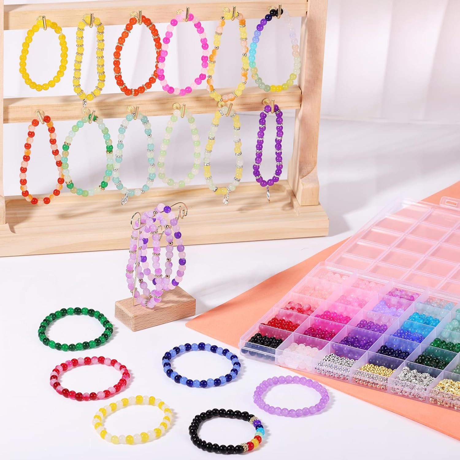 nsihing Ketten und Armband Set 1435 Stück Glasperlen, 6mm 34 Farben Perlen für Armbänder (Perlen Set für Armband Basteln Schmuckherstellung, 1435-tlg), Perlens  – Bild 5 von 5