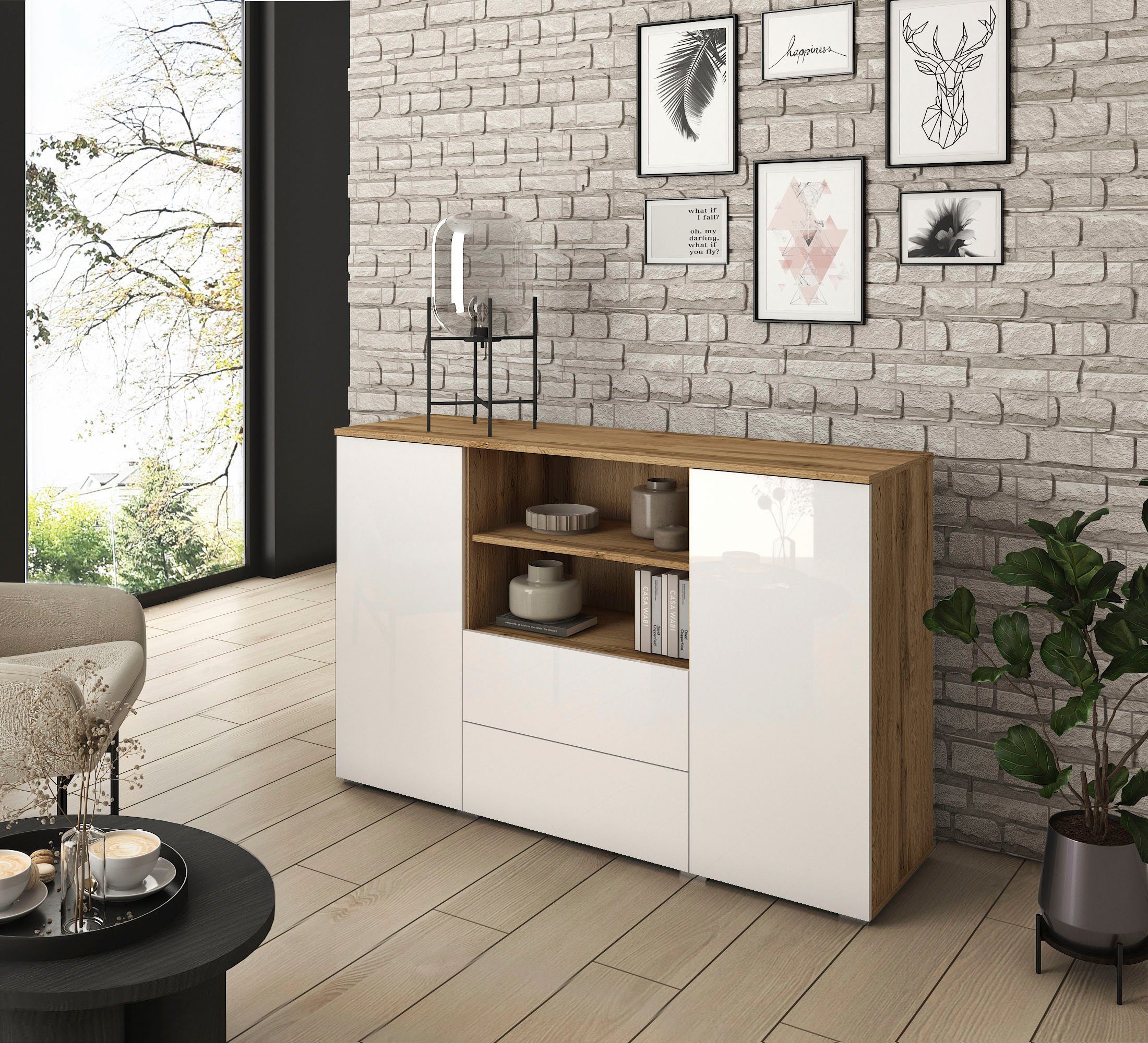 INOSIGN Sideboard Paris, Breite 140 cm Votan eichefarben/weiß Hochglanz | Votan eichefarben