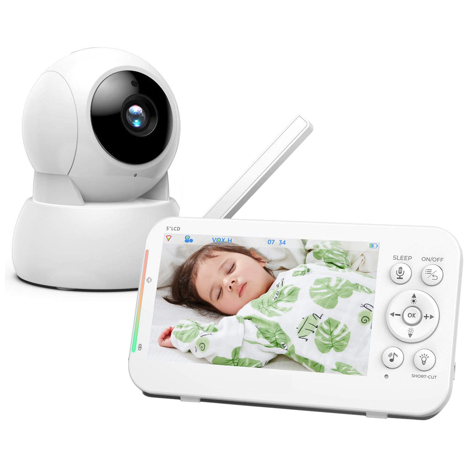 VSIUO Babyphone Babyphone mit Kamera, Video Baby Monitor, Video-Babyphone, Infrarot-Nachtsicht, Temperaturanzeige, Schlaflieder, Zwei-Wege-Audio, Gegensprechfunktion, Smart VOX-Modus, 2/4-fach Zoom mit Fernbedienung, Extra großer 5'' IPS-Bildschirm