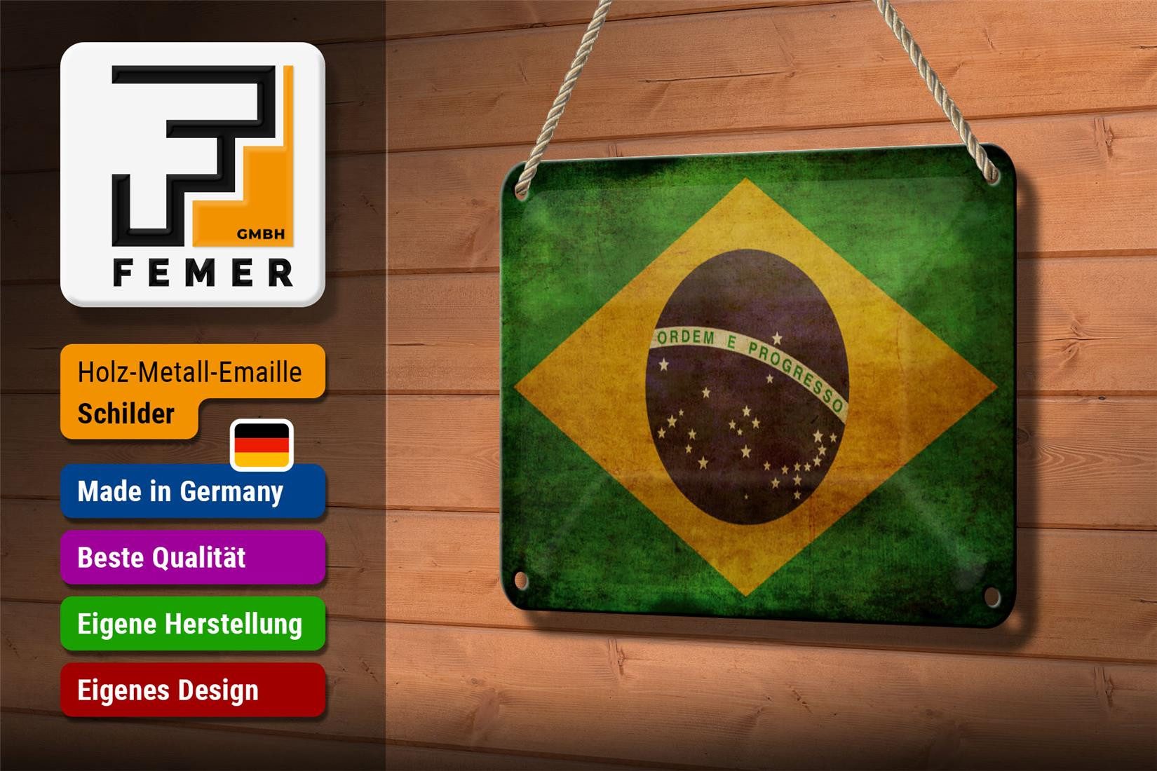 Femer GmbH Metallschild Flagge 18x12cm Brasilien, (1 St), gewölbte Oberfläche, abgerundete Ecken, umgeschlagene Kanten