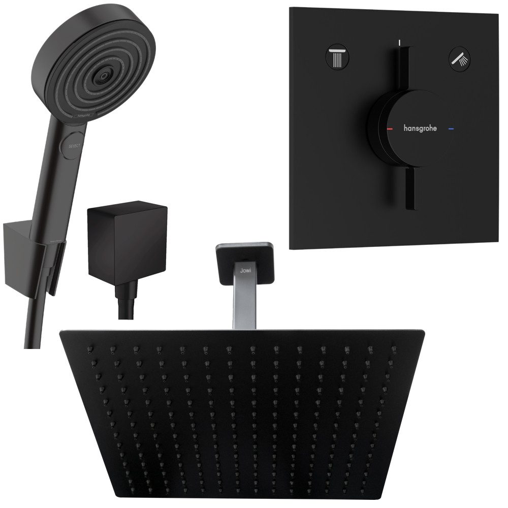 Hansgrohe und Jowi Duscharmatur DuoTurn E Unterputz Duscharmatur, Duschsystem Schwarz, Pulsify (Unterputz-Duschsystem) Deckenanschluss, Handbrause mit Select-Taste
