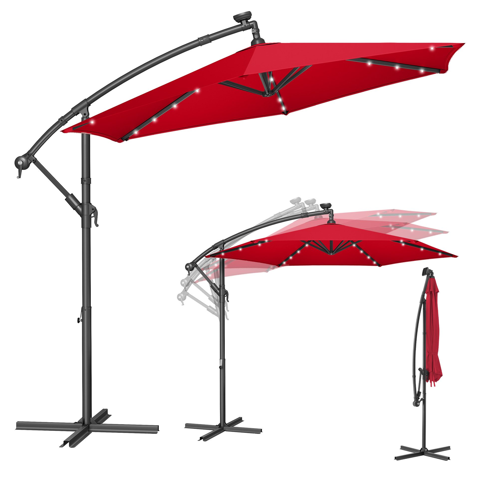 SONGMICS Sonnenschirm, Ø 300 cm,LED-Solar-Beleuchtung,UPF 50+,mit Ständer